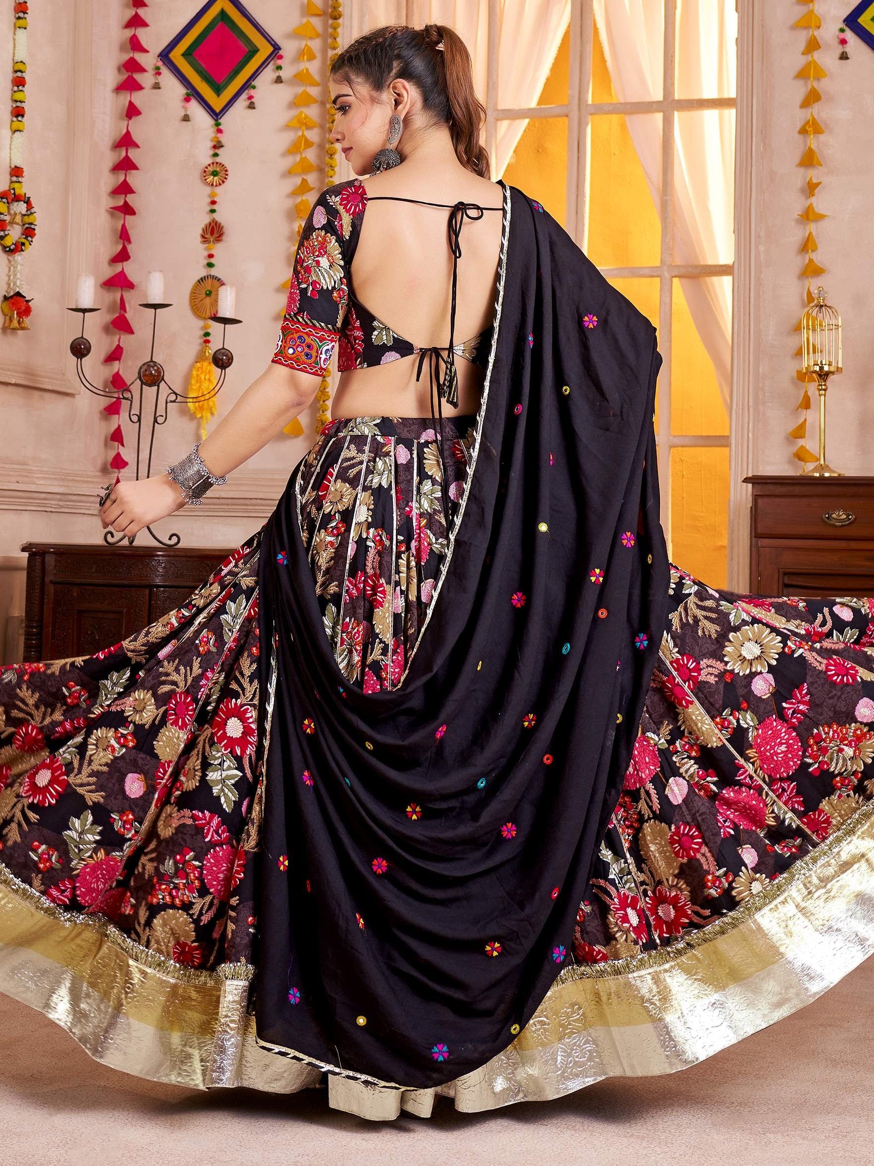 Splendid Black Floral Print Cotton Navratri Special Lehenga Choli With Dupatta
