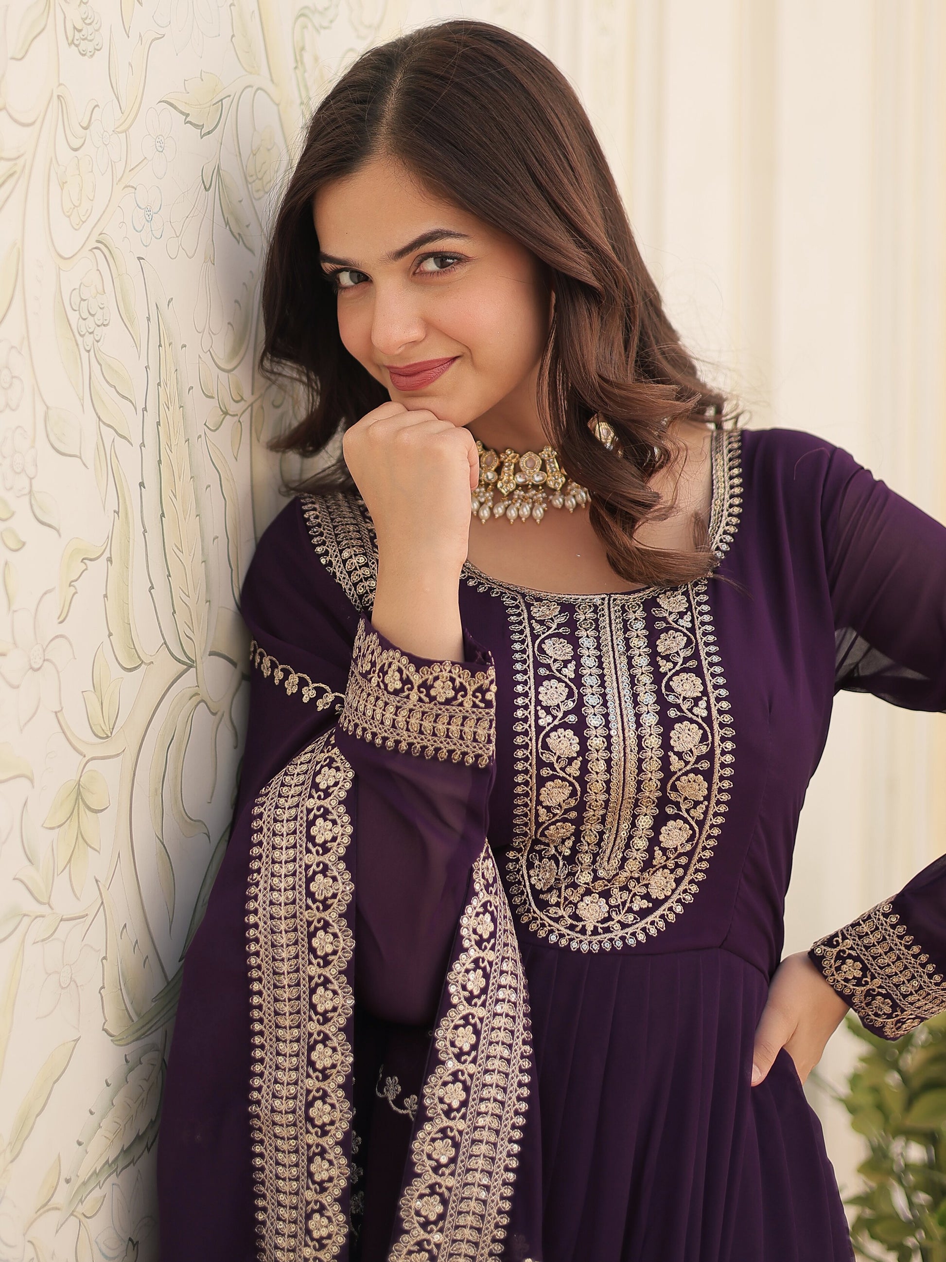 Attractive Wine Sequins Georgette Engagement Wear Gown With Dupatta