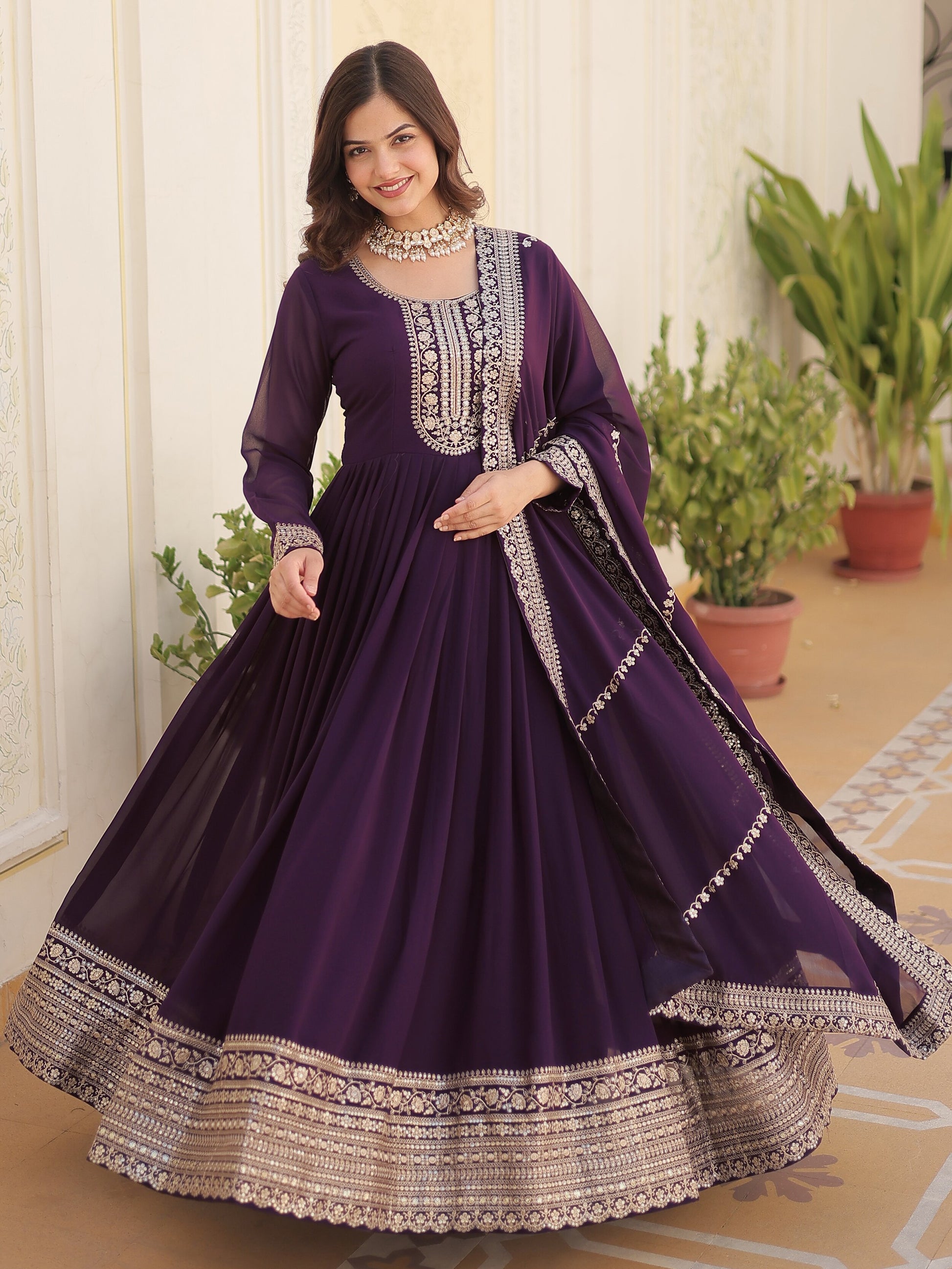 Attractive Wine Sequins Georgette Engagement Wear Gown With Dupatta