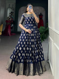 Marvelous Navy Blue Zari Weaving Cotton Festive Wear Gown