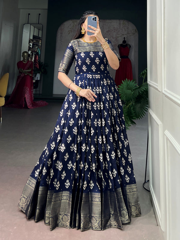 Marvelous Navy Blue Zari Weaving Cotton Festive Wear Gown