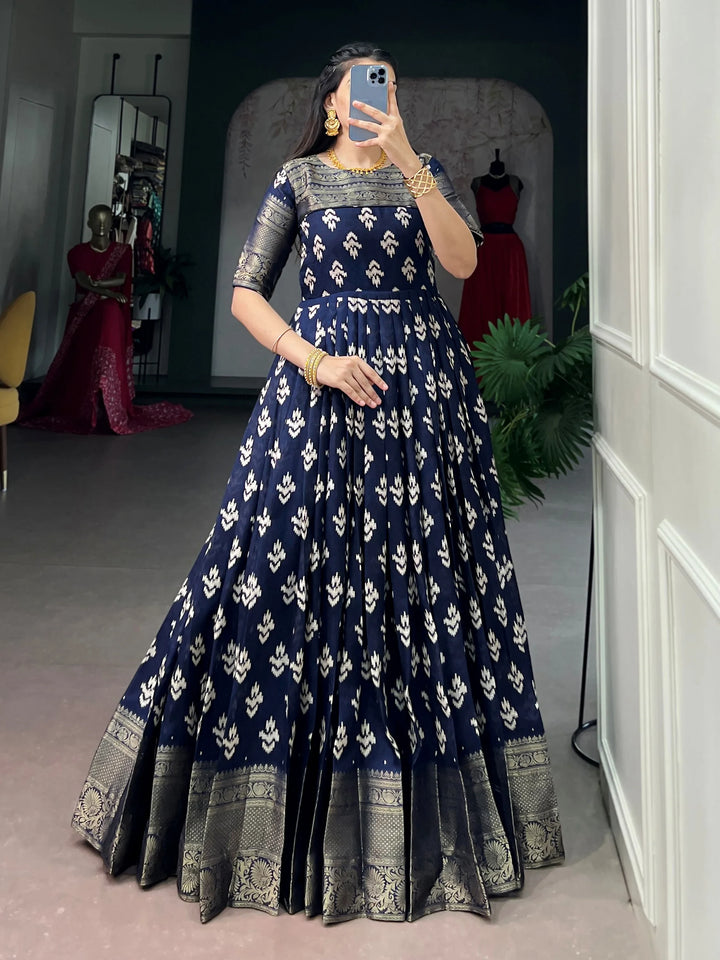 Marvelous Navy Blue Zari Weaving Cotton Festive Wear Gown