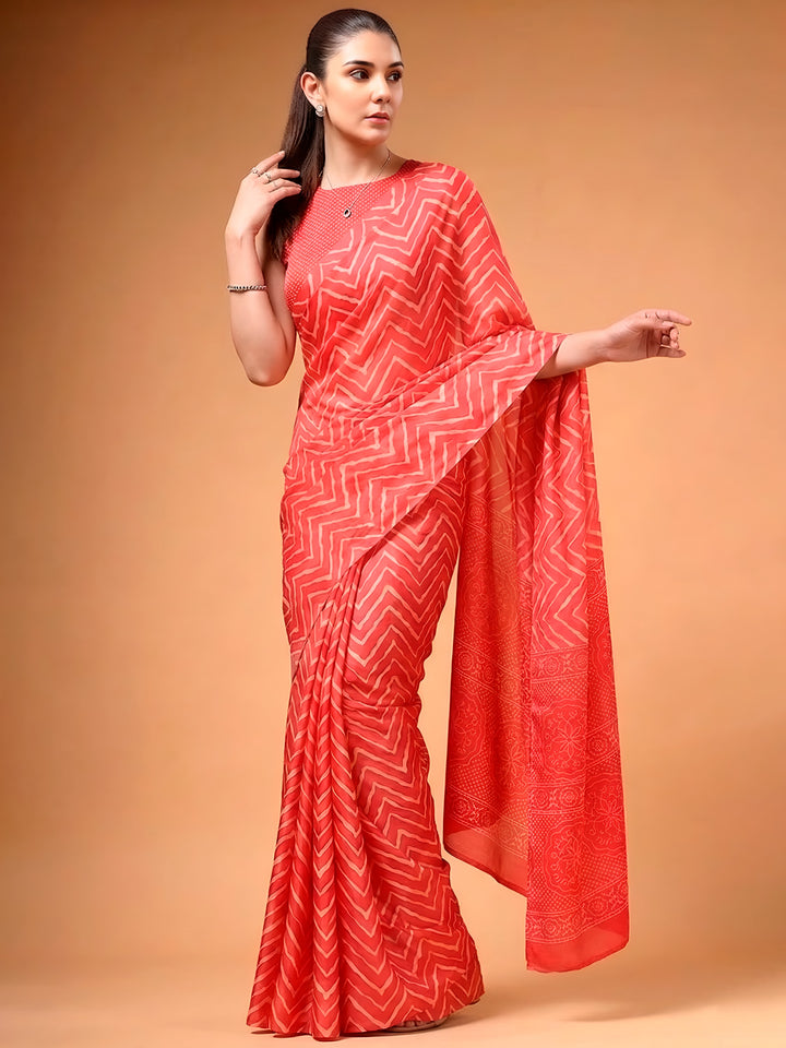 Attractive Coral Red Printed Satin Party Wear Saree With Blouse