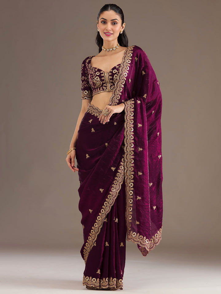 Wonderful Wine Sequins Embroidered Tissue Party Wear Saree With Blouse