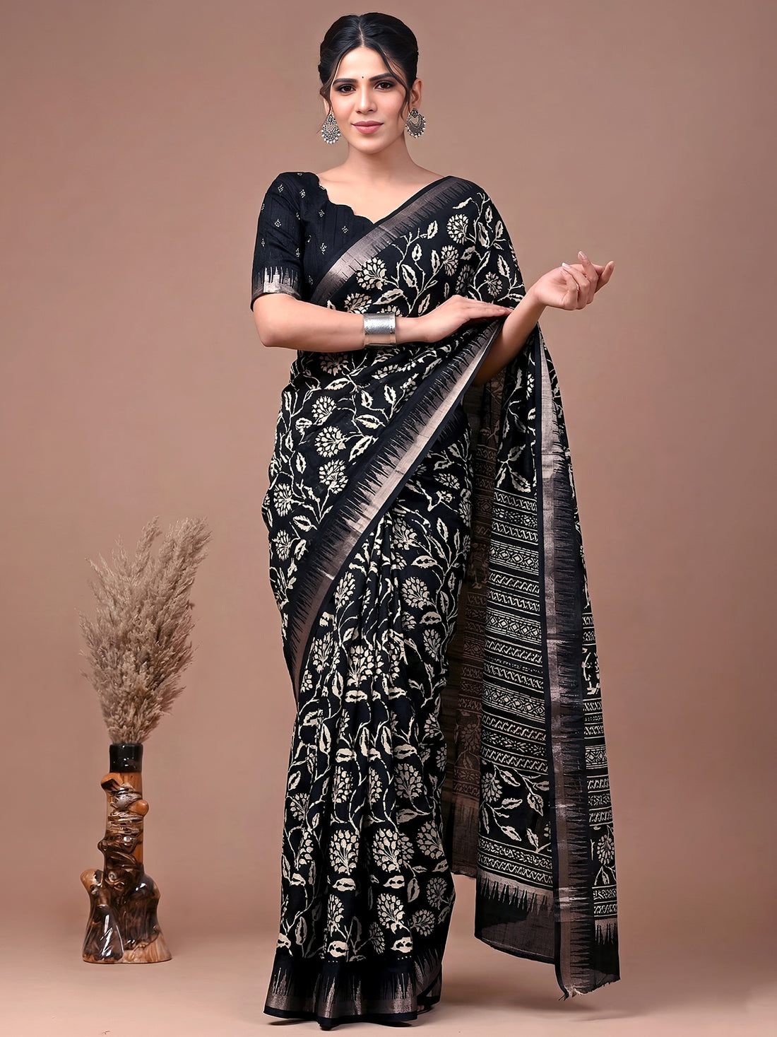 Wonderful Black Floral Printed Silk Casual Wear Saree With Blouse