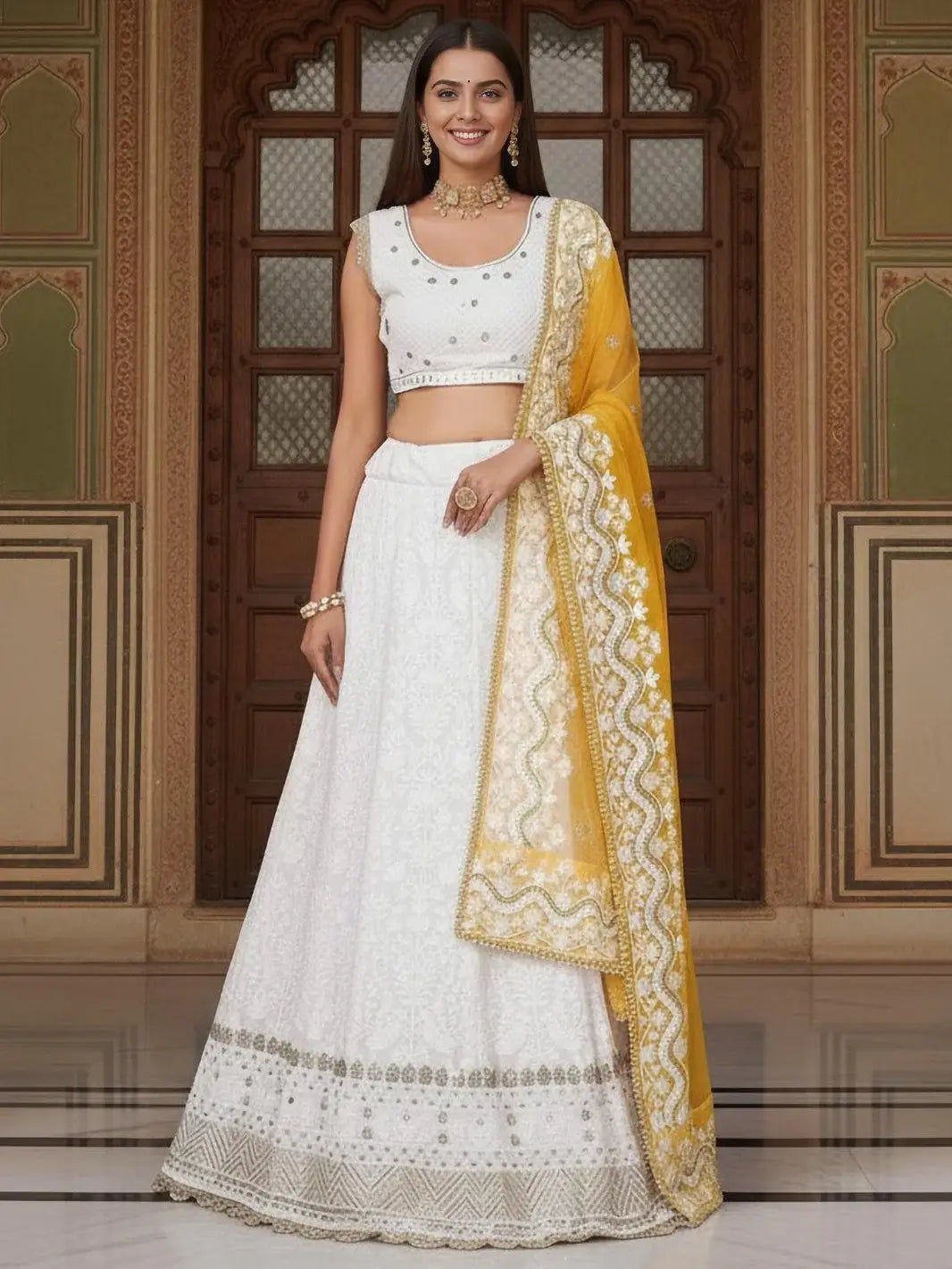 Stylish White Sequins Georgette Designer Lehenga With Blouse