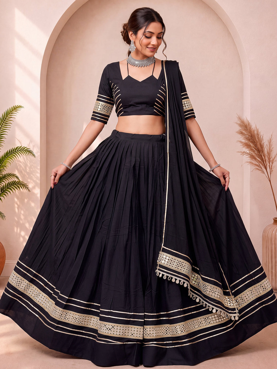 Attractive Black Mirror Lace Work Cotton Navratri Wear Lehenga Choli
