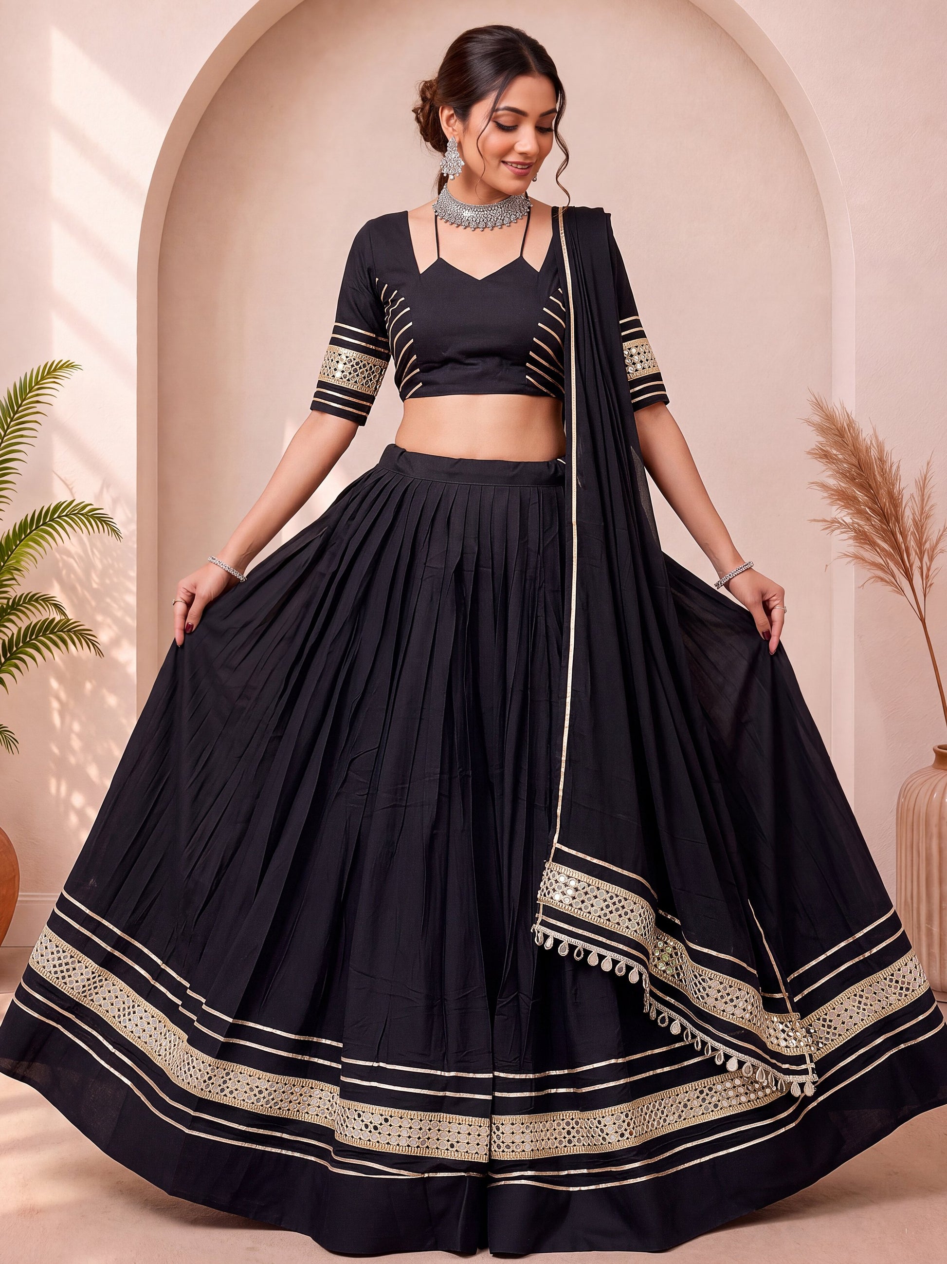 Attractive Black Mirror Lace Work Cotton Navratri Wear Lehenga Choli