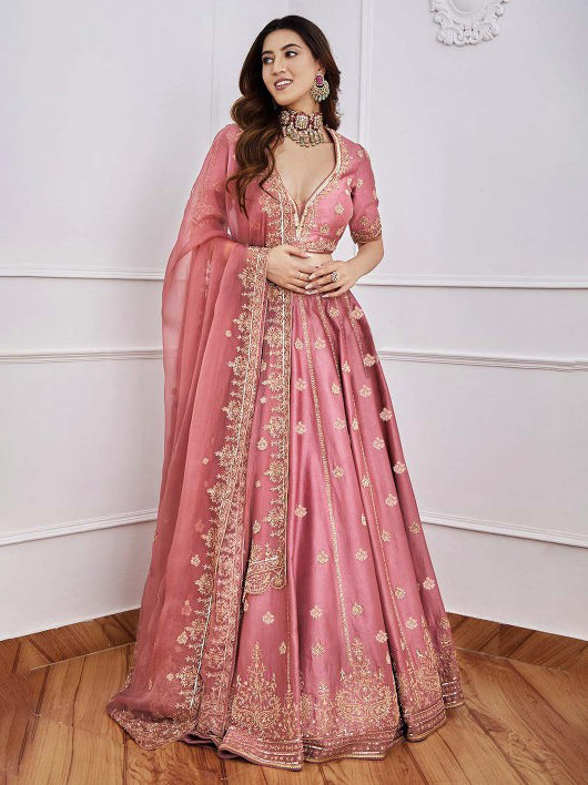 Fantastical Pink Sequins Art Silk Wedding Wear Lehenga Choli