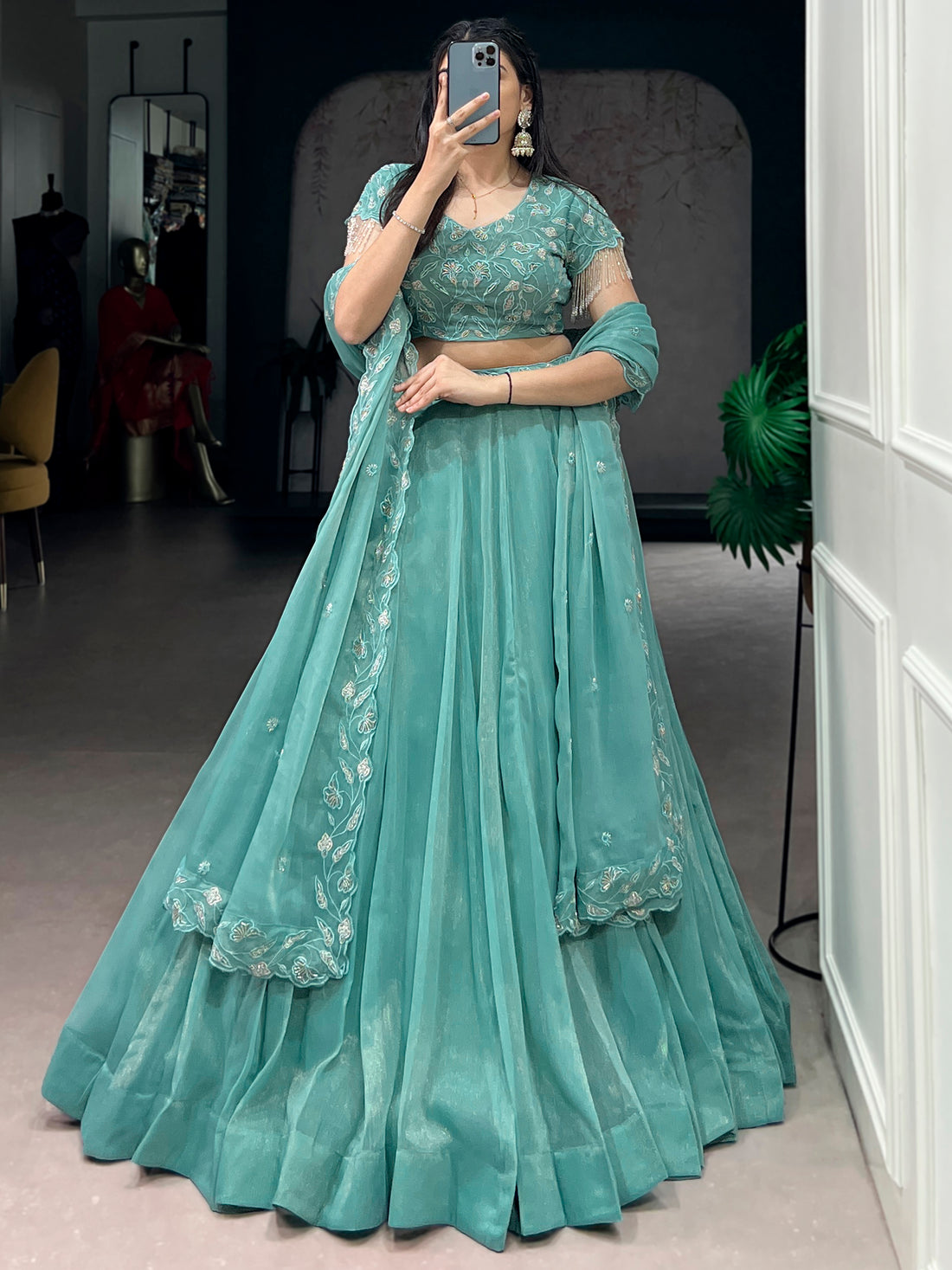 Gorgeous Sky-Blue Organza Party Wear Lehenga With Embroidered Choli
