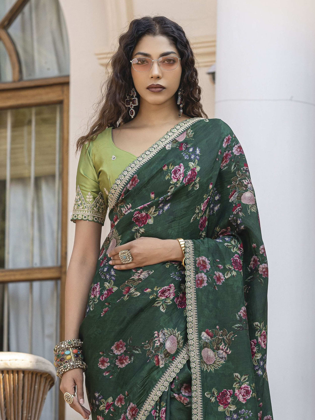 Magnetic Bottle Green Floral Printed Silk Mehendi Wear Saree With Blouse