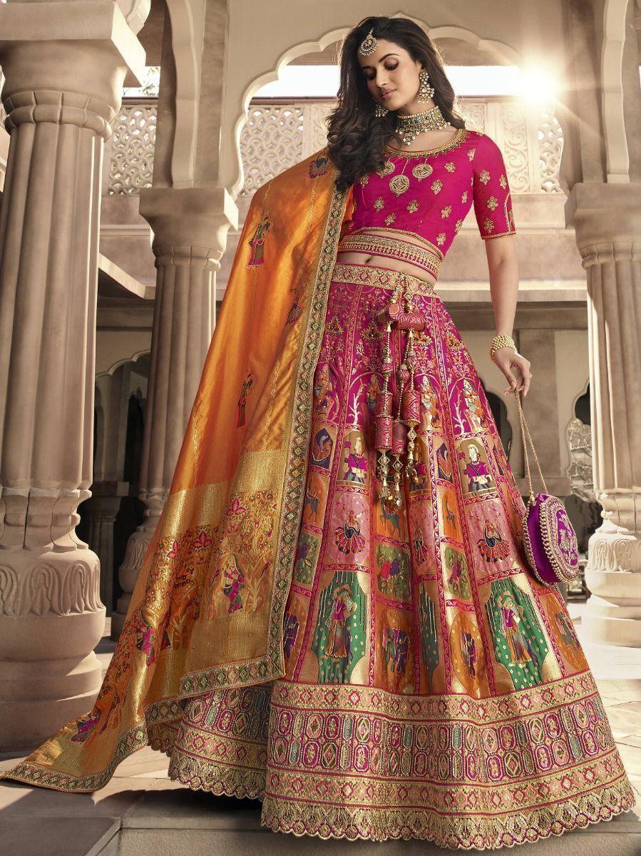 Wonderful Orange-Rani Embroidered Banarasi Silk Wedding Lehenga Choli