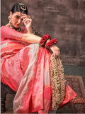 Incredible Peach & White Zari Weaving Silk Saree With Blouse