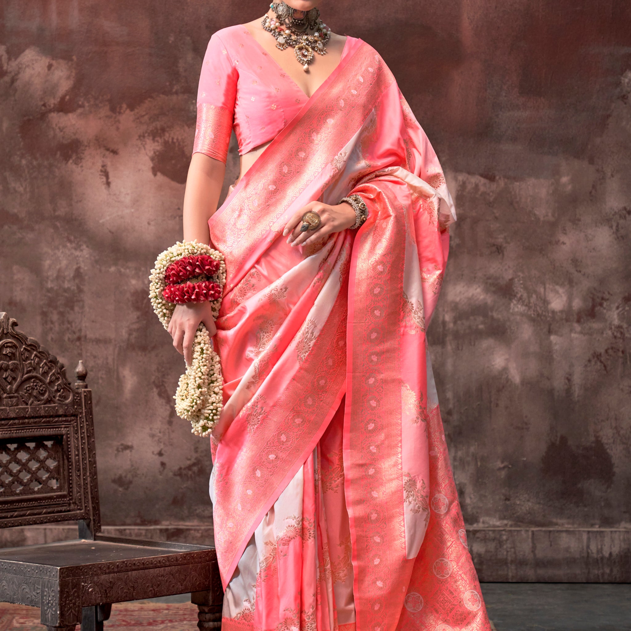 Incredible Peach & White Zari Weaving Silk Saree With Blouse