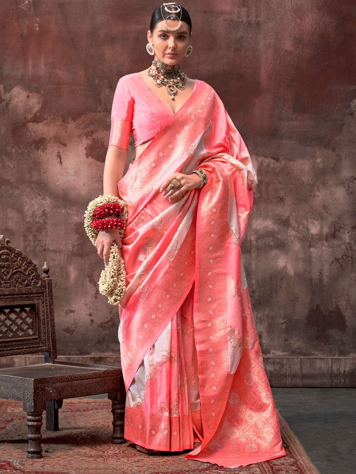 Incredible Peach & White Zari Weaving Silk Saree With Blouse