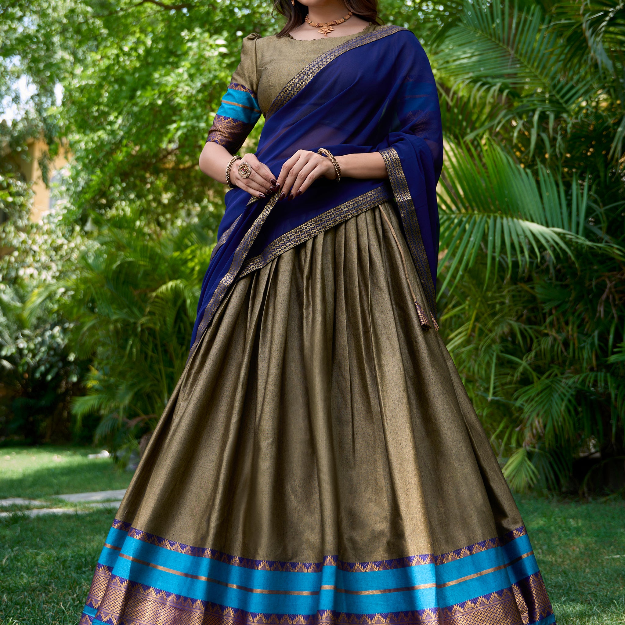 Attractive Olive Green Zari Weaving Cotton Traditional Half Saree Lehenga