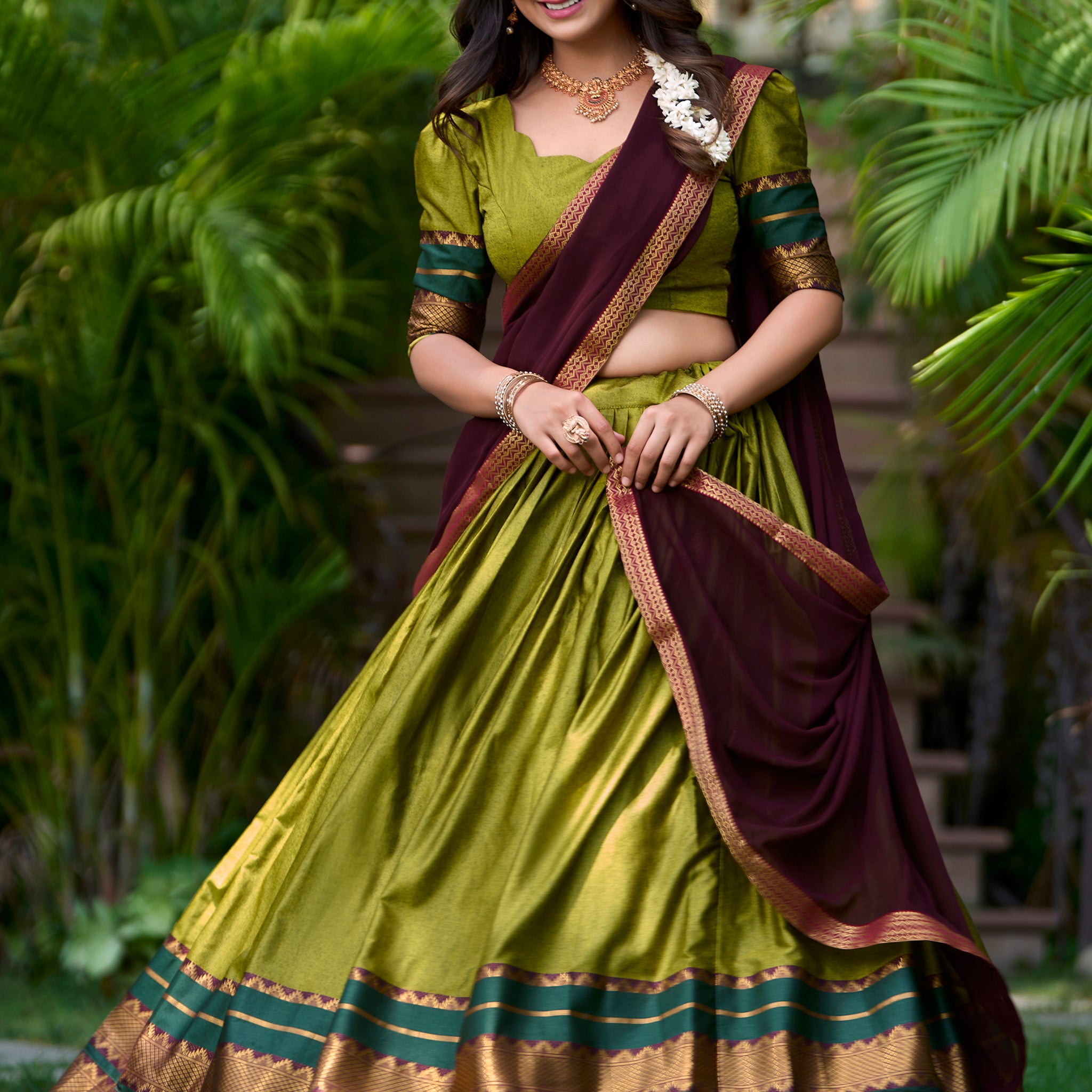 Mesmerizing Green Zari Weaving Cotton Half Saree Lehenga
