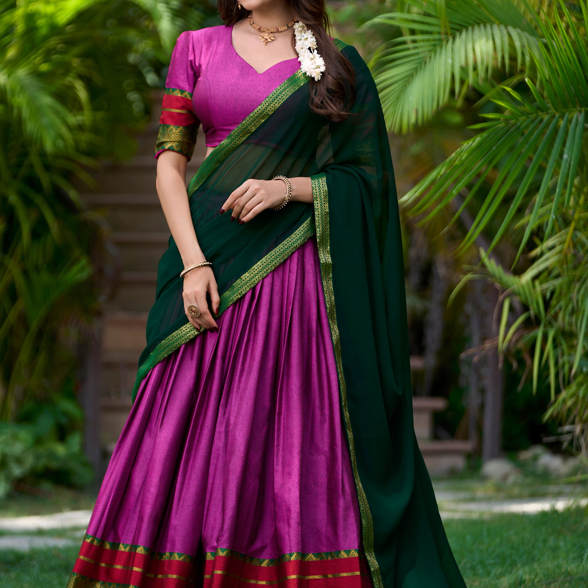Adorable Purple Zari Weaving Cotton Festival Wear Half Saree Lehenga