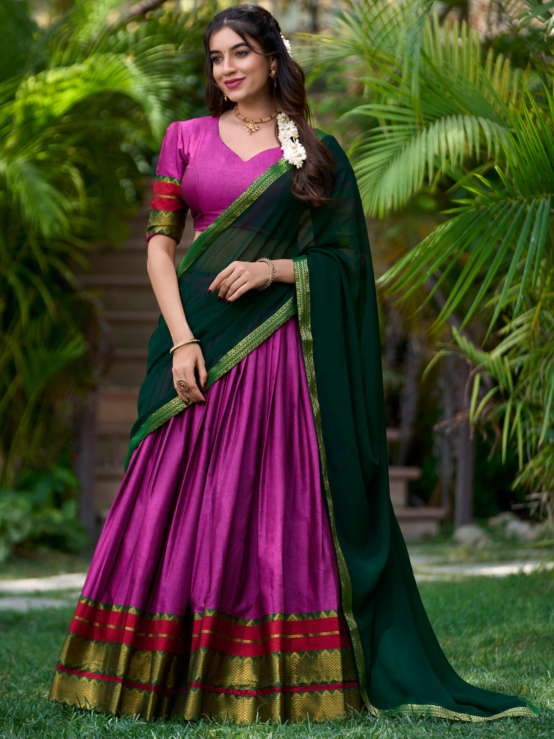 Adorable Purple Zari Weaving Cotton Festival Wear Half Saree Lehenga