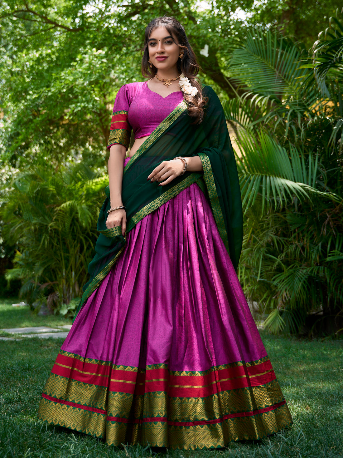 Adorable Purple Zari Weaving Cotton Festival Wear Half Saree Lehenga