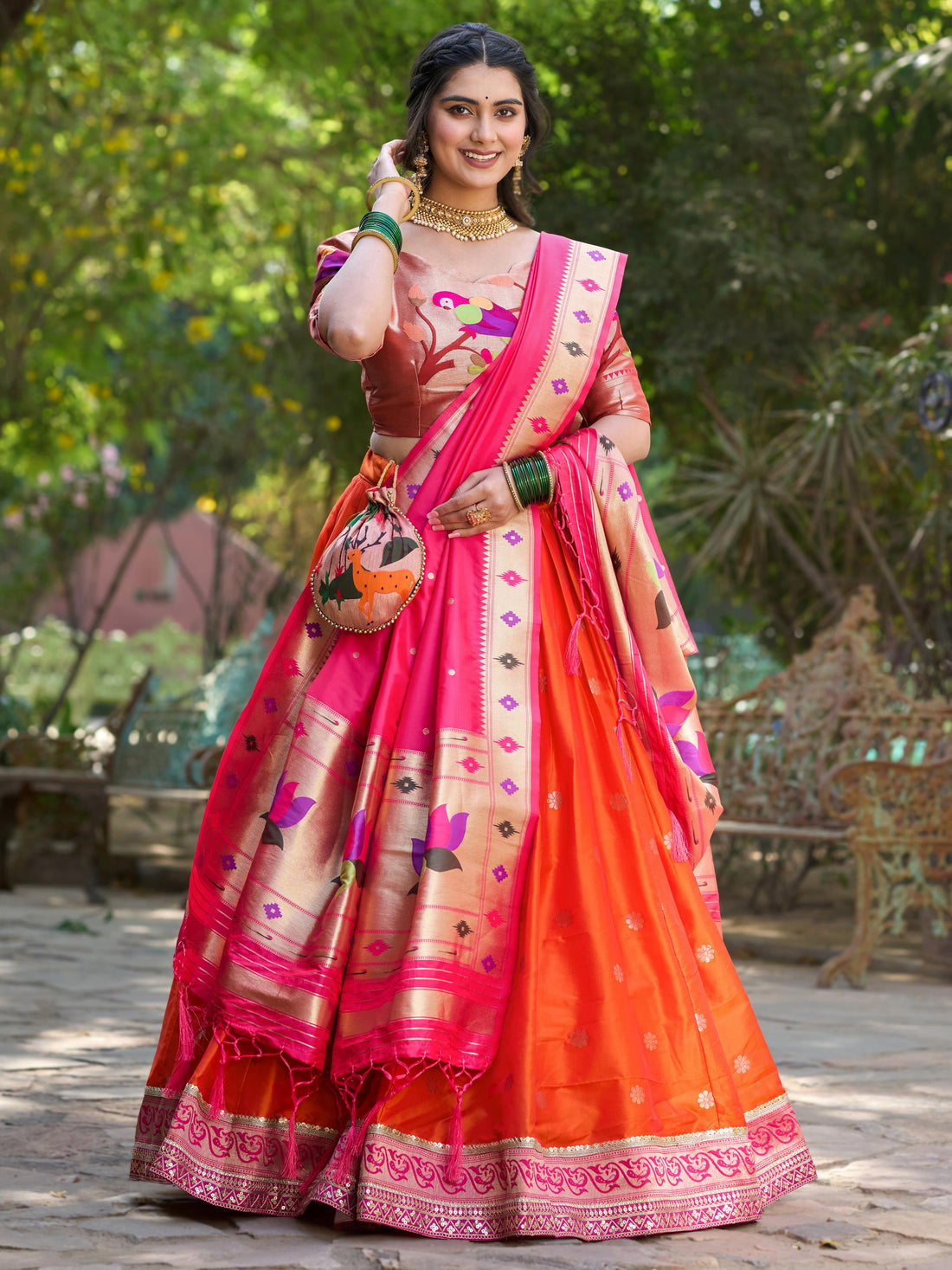 Delicate Orange Zari Weaving Paithani Silk Traditional Lehenga Choli