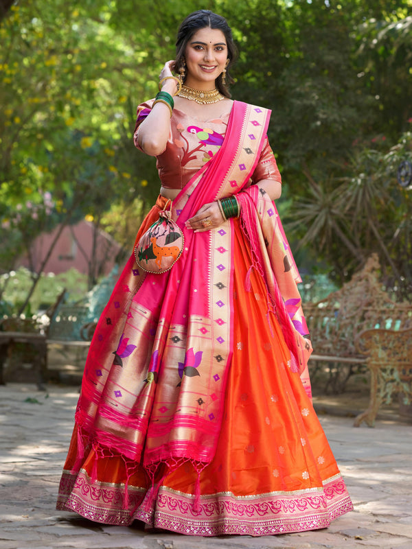 Delicate Orange Zari Weaving Paithani Silk Traditional Lehenga Choli