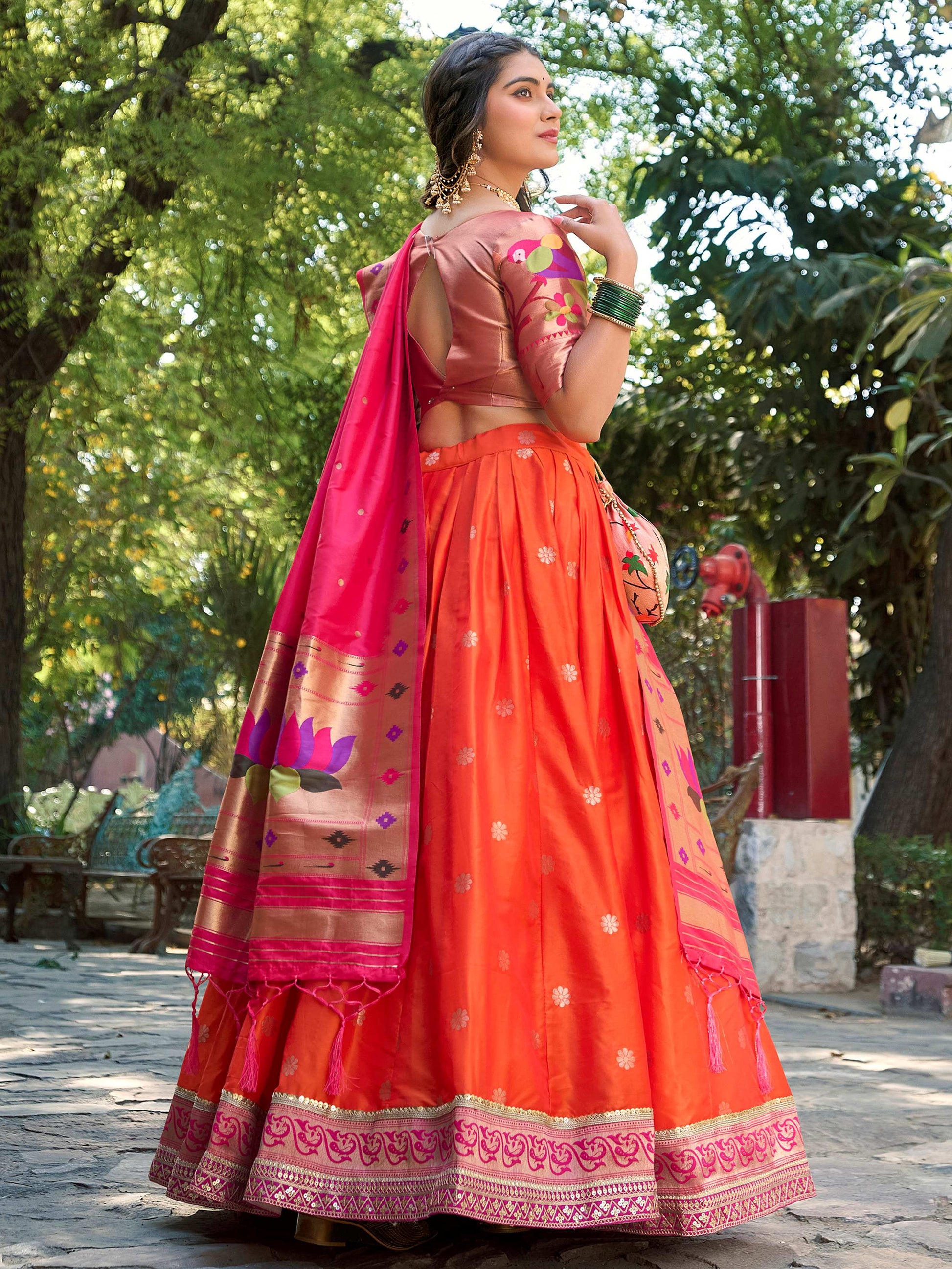 Delicate Orange Zari Weaving Paithani Silk Traditional Lehenga Choli