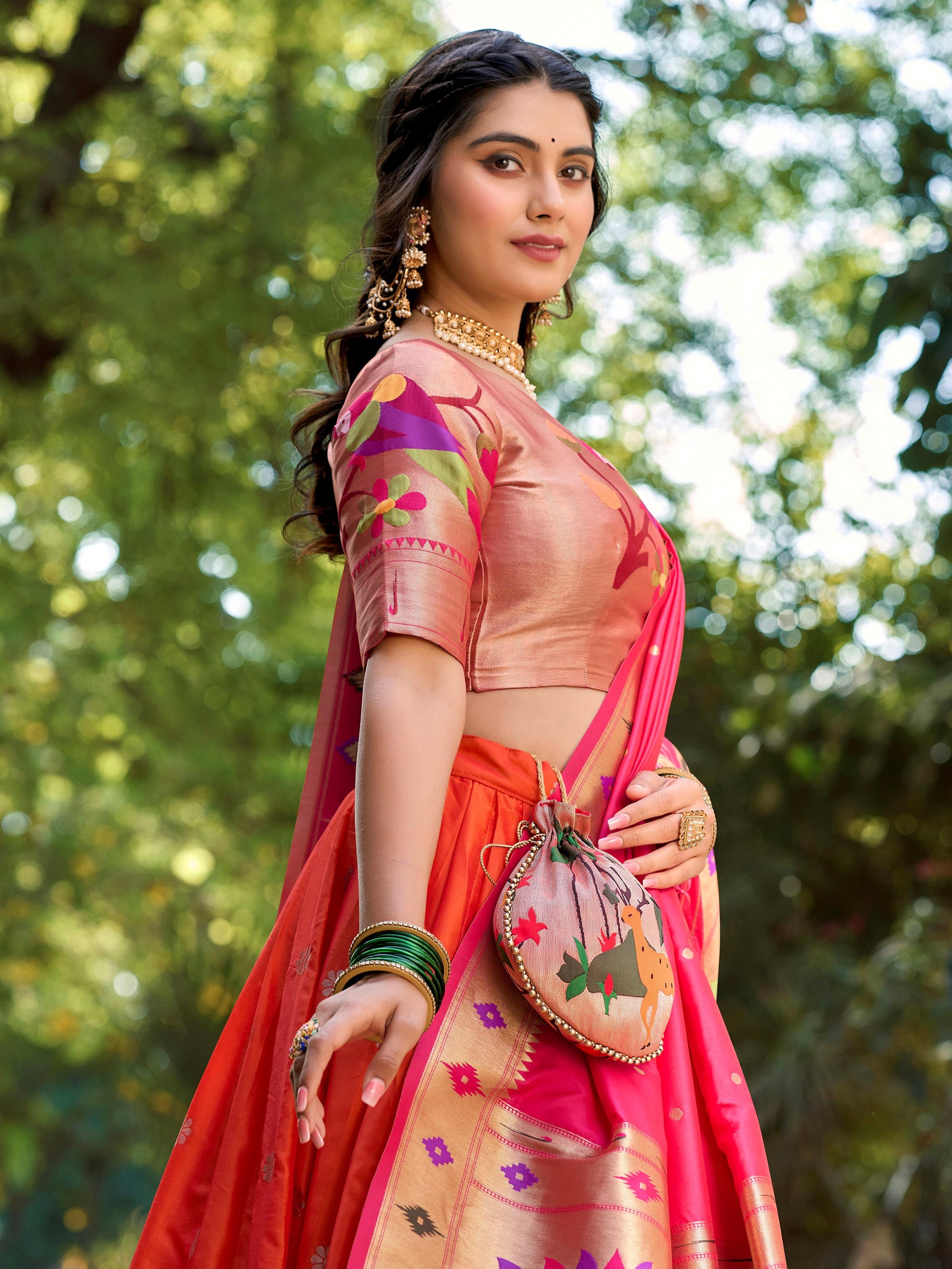 Delicate Orange Zari Weaving Paithani Silk Traditional Lehenga Choli
