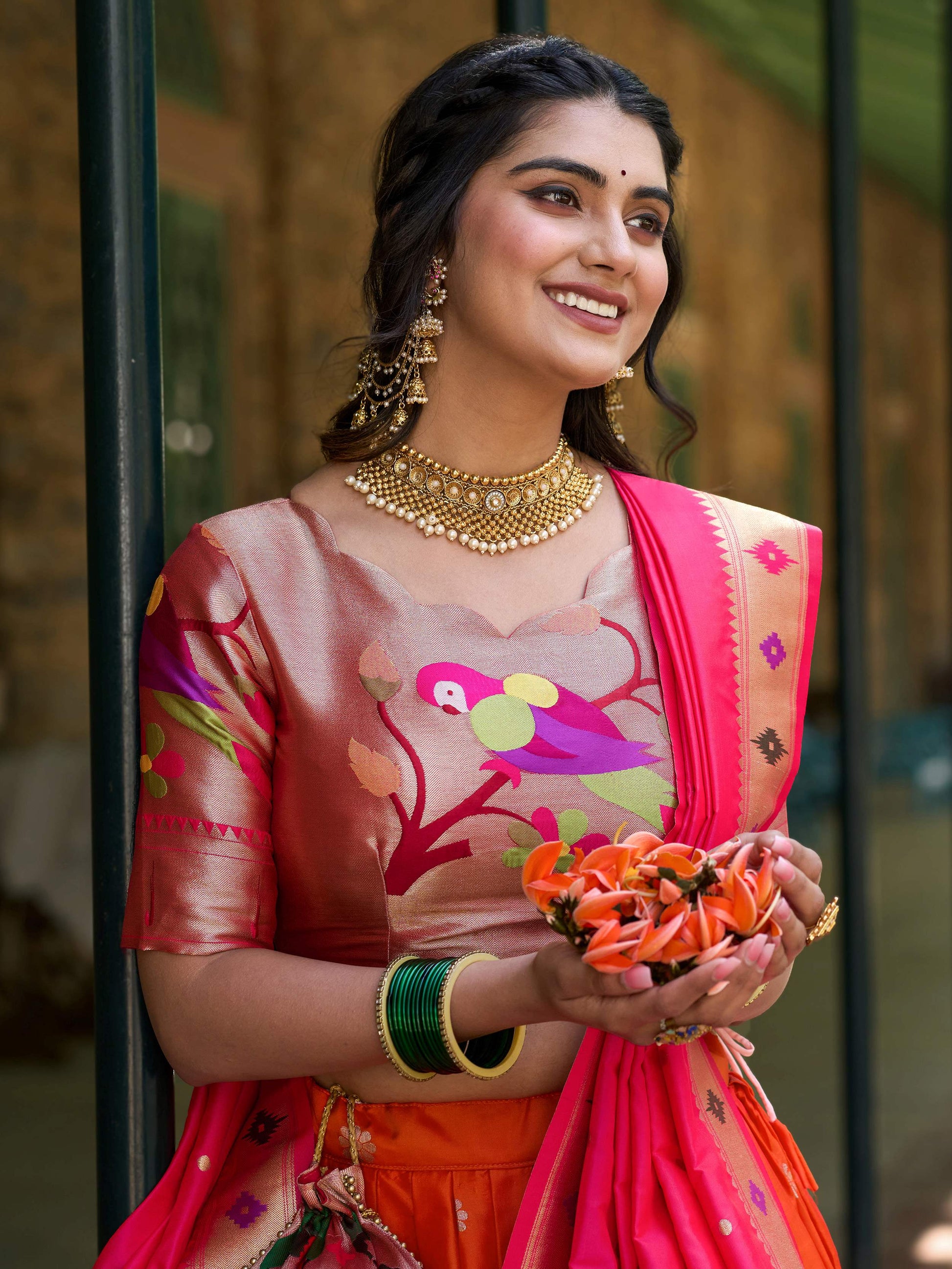 Delicate Orange Zari Weaving Paithani Silk Traditional Lehenga Choli