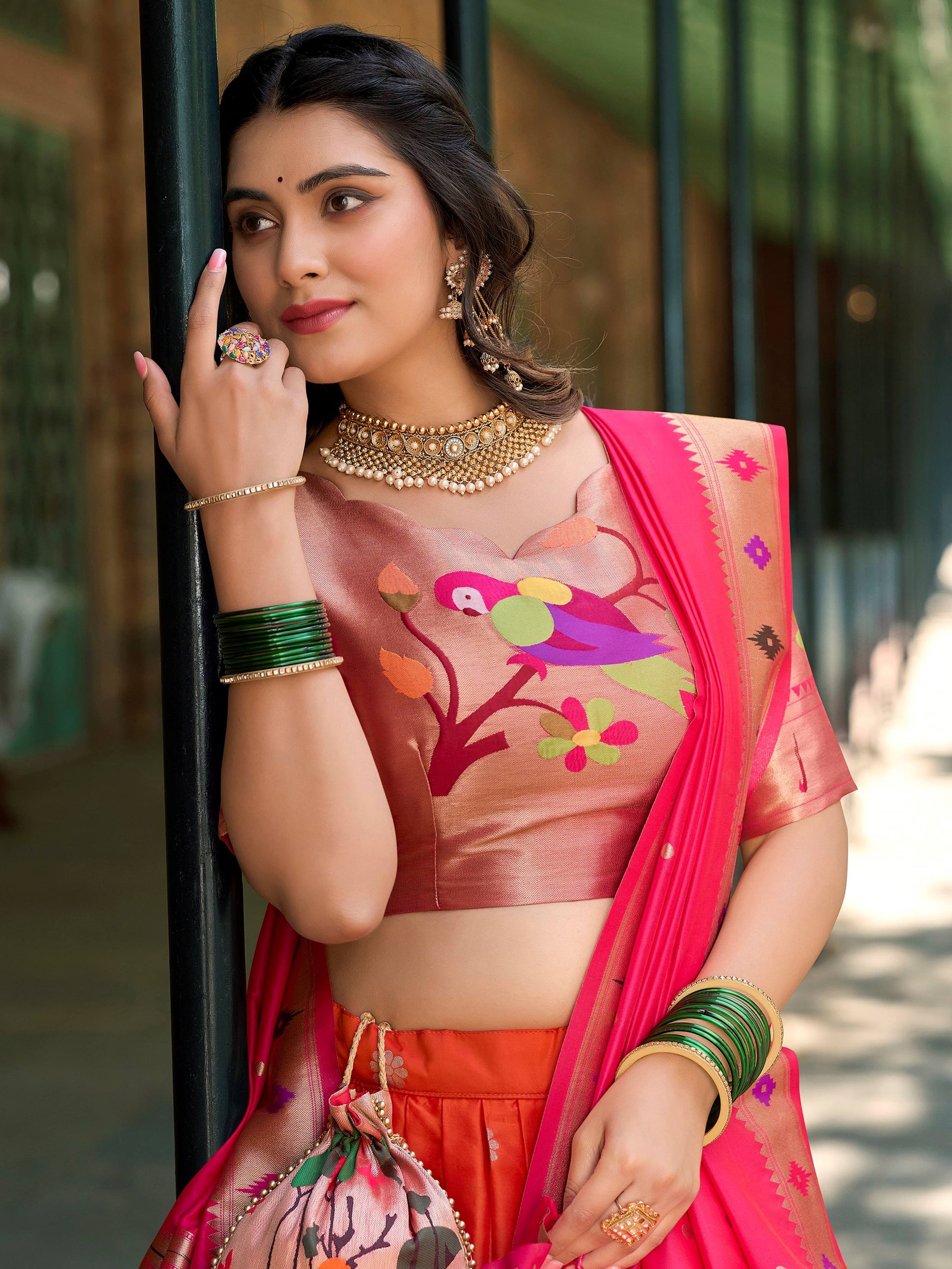 Delicate Orange Zari Weaving Paithani Silk Traditional Lehenga Choli