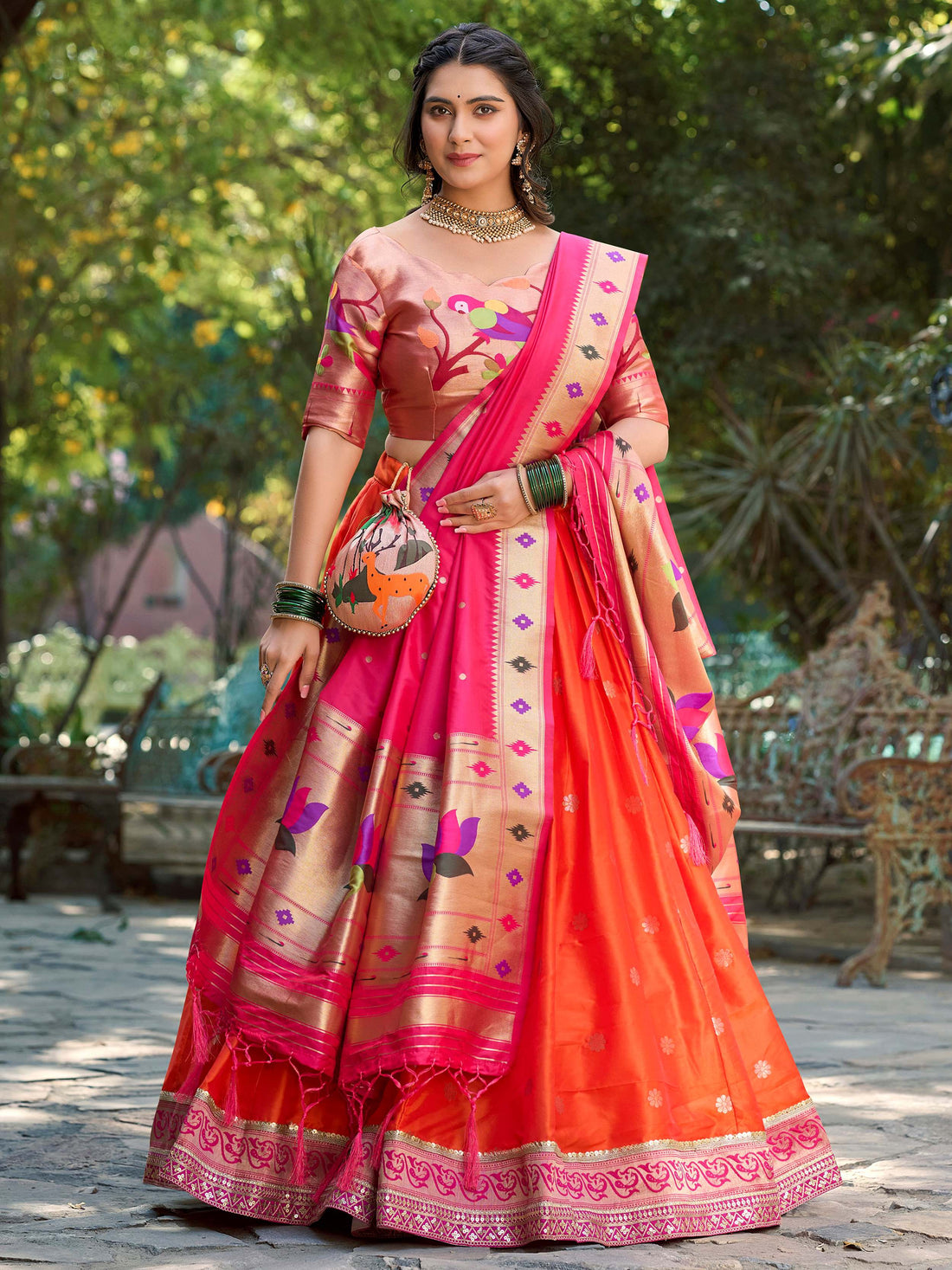 Delicate Orange Zari Weaving Paithani Silk Traditional Lehenga Choli