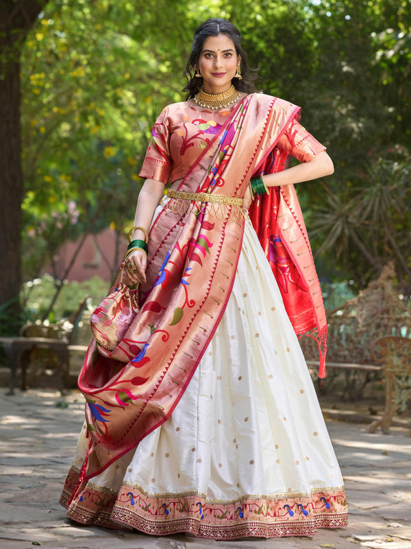 Classic White Zari Weaving Paithani Silk Lehenga Choli With Dupatta