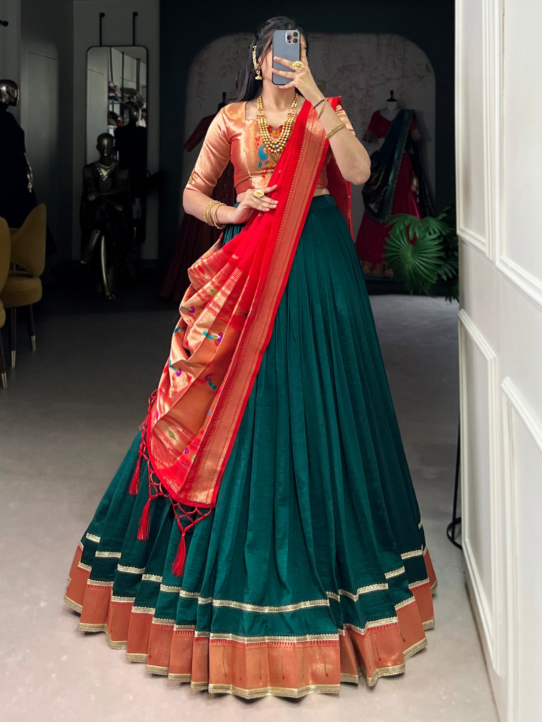 Remarkable Bottle Green Zari Weaving Paithani Lehenga Choli With Dupatta