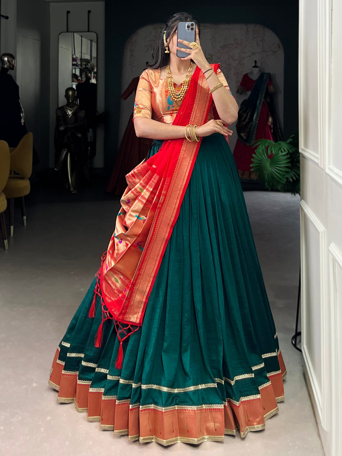 Remarkable Bottle Green Zari Weaving Paithani Lehenga Choli With Dupatta
