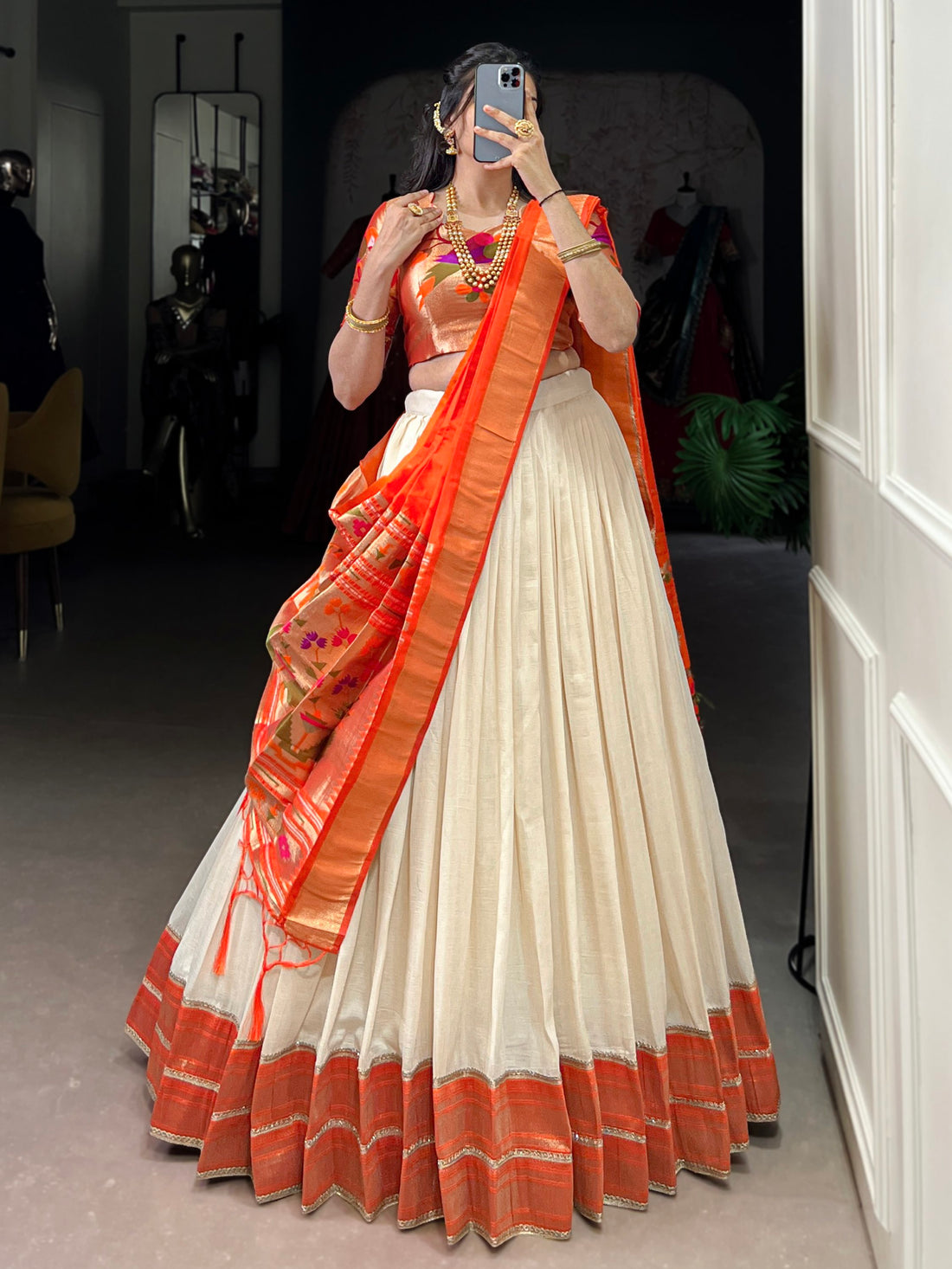 Astonishing White Zari Weaving Paithani Event Wear Lehenga Choli With Dupatta
