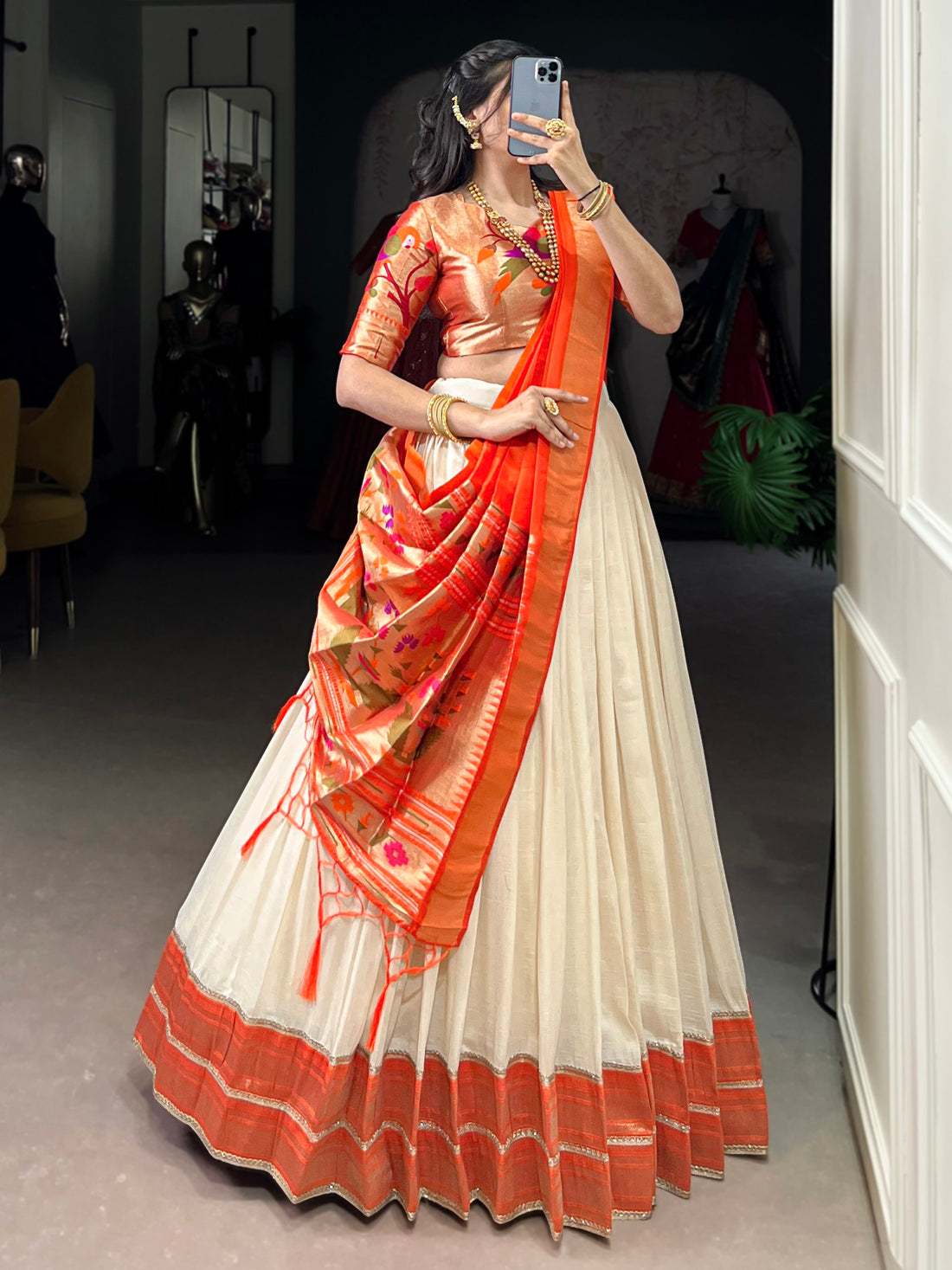 Astonishing White Zari Weaving Paithani Event Wear Lehenga Choli With Dupatta