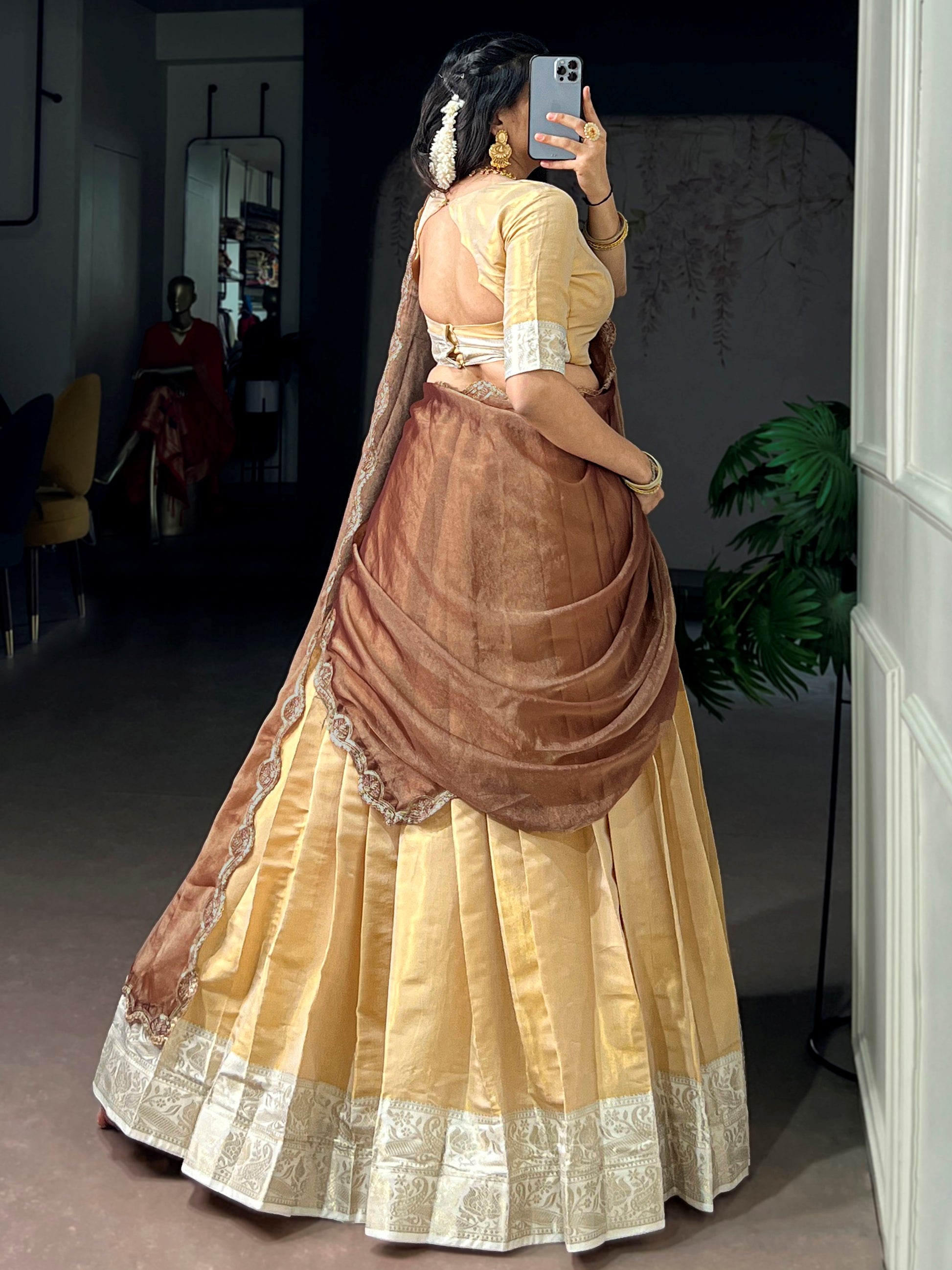 Great Cream Zari Work Kanchipuram Festival Wear Lehenga Choli With Dupatta 