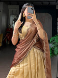 Great Cream Zari Work Kanchipuram Festival Wear Lehenga Choli With Dupatta 