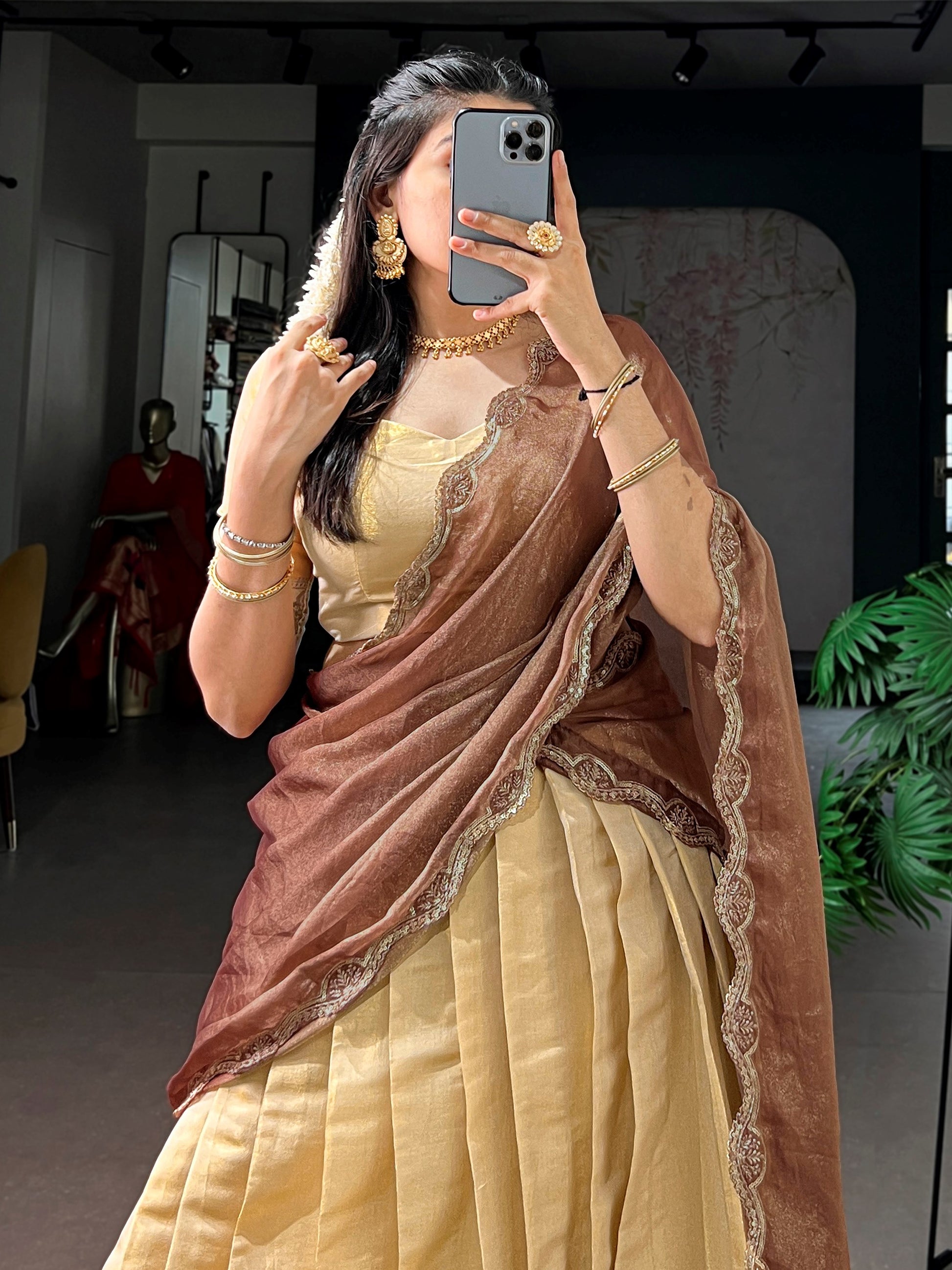 Great Cream Zari Work Kanchipuram Festival Wear Lehenga Choli With Dupatta 
