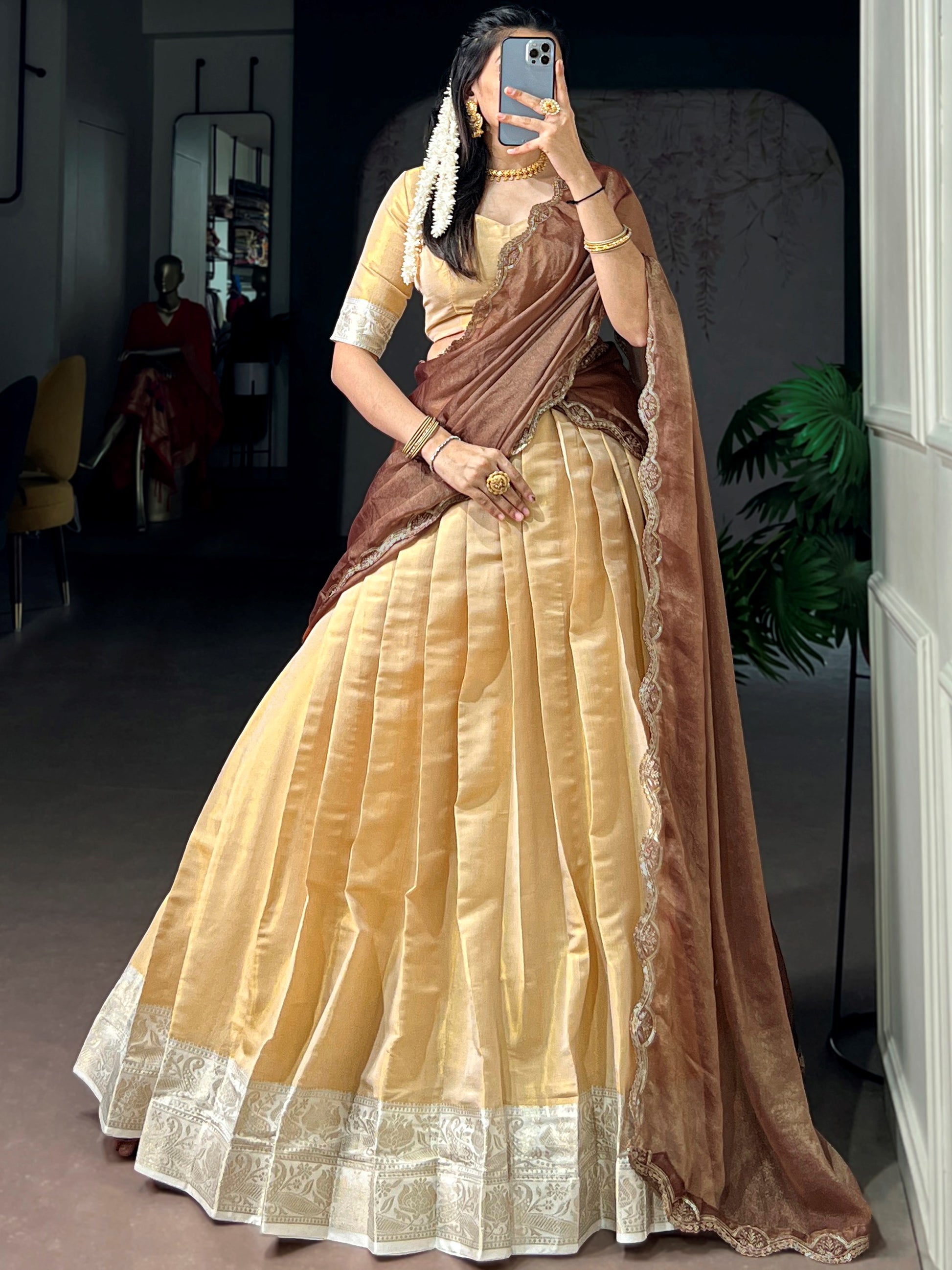 Great Cream Zari Work Kanchipuram Festival Wear Lehenga Choli With Dupatta 