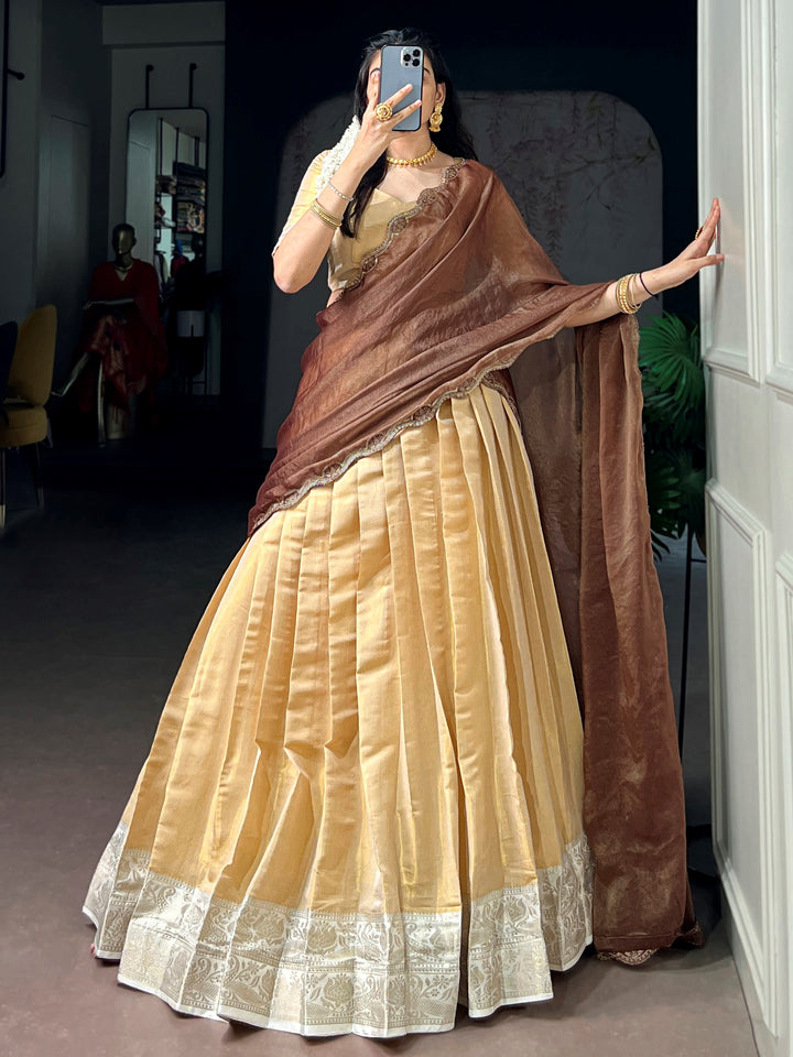 Great Cream Zari Work Kanchipuram Festival Wear Lehenga Choli With Dupatta 