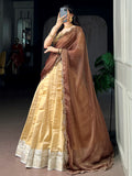 Great Cream Zari Work Kanchipuram Festival Wear Lehenga Choli With Dupatta 