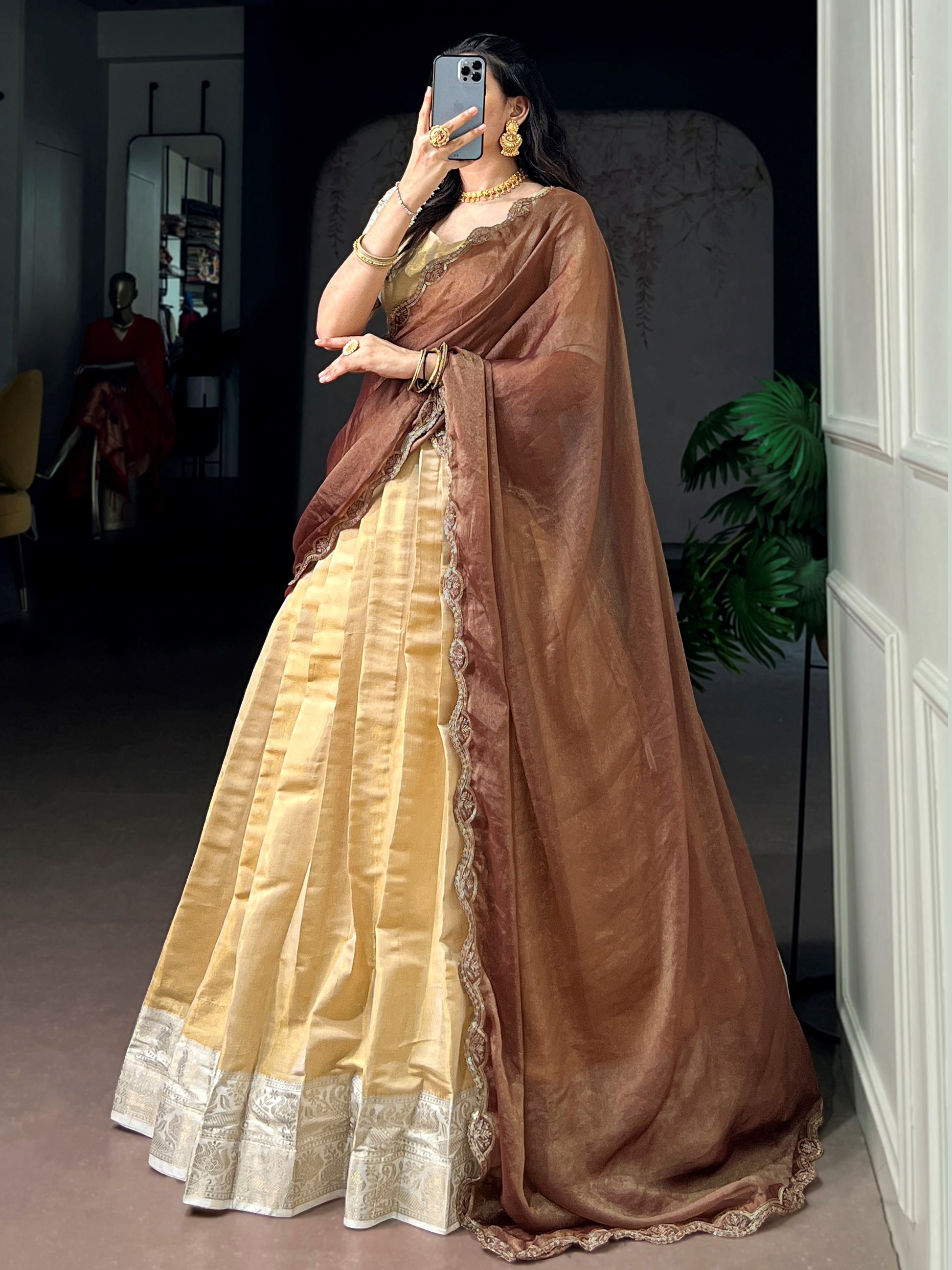 Great Cream Zari Work Kanchipuram Festival Wear Lehenga Choli With Dupatta 