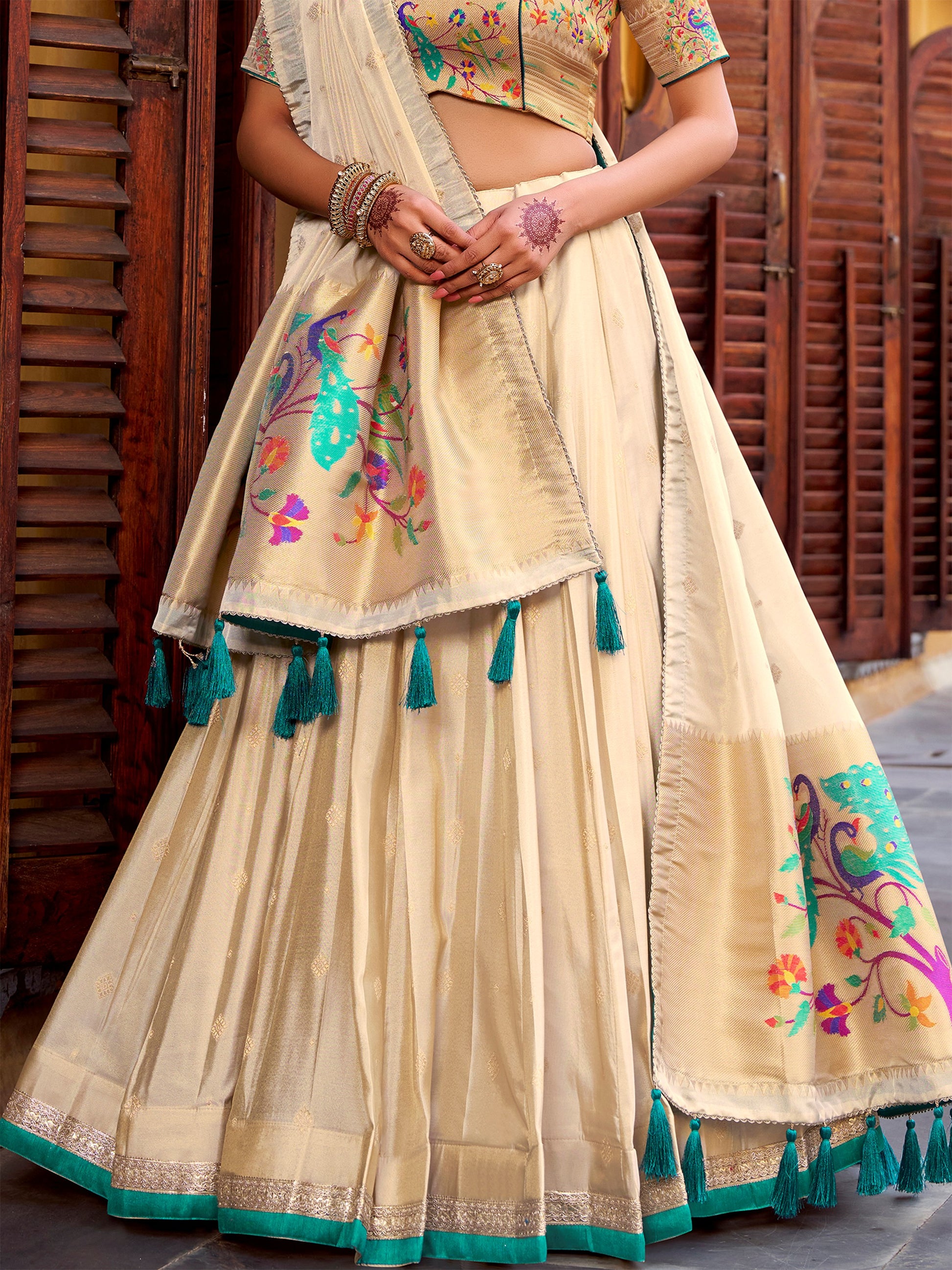 Spectacular Cream Zari Weaving Silk Traditional Lehenga Choli 