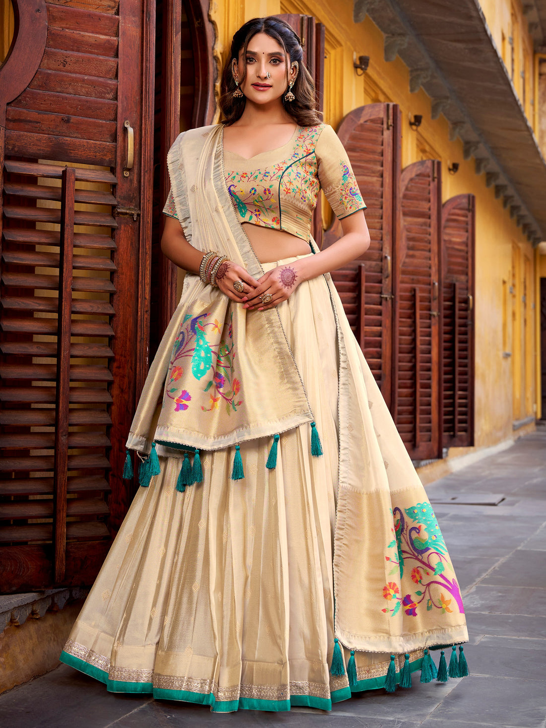 Spectacular Cream Zari Weaving Silk Traditional Lehenga Choli 
