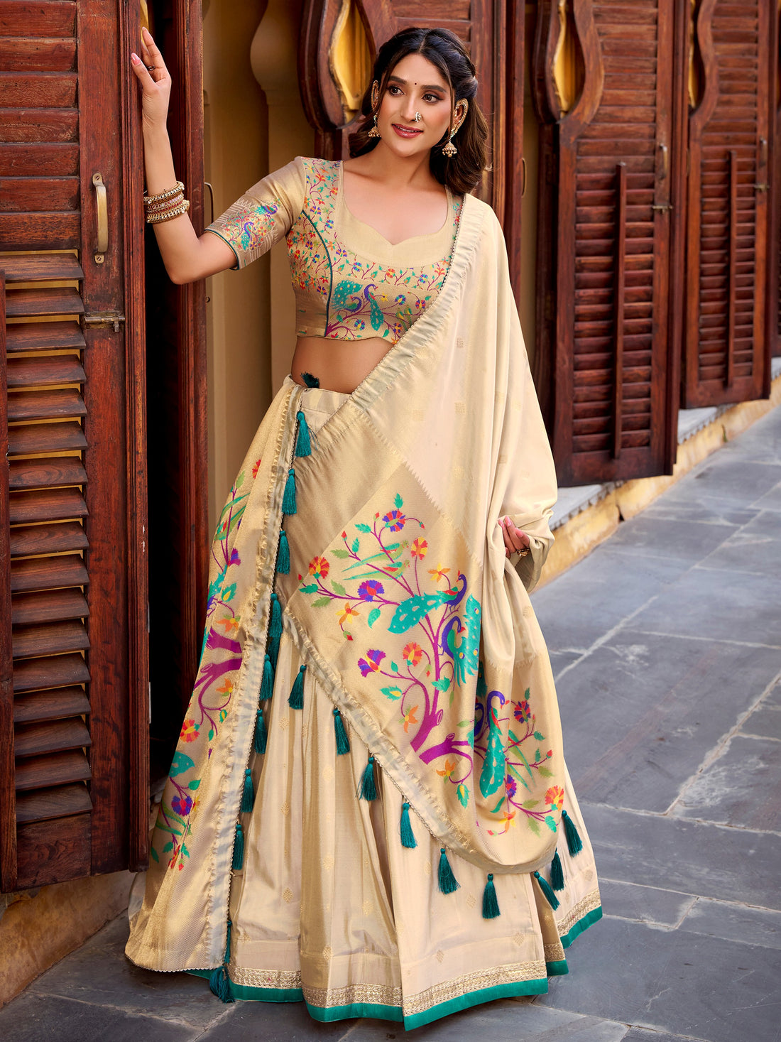 Spectacular Cream Zari Weaving Silk Traditional Lehenga Choli 