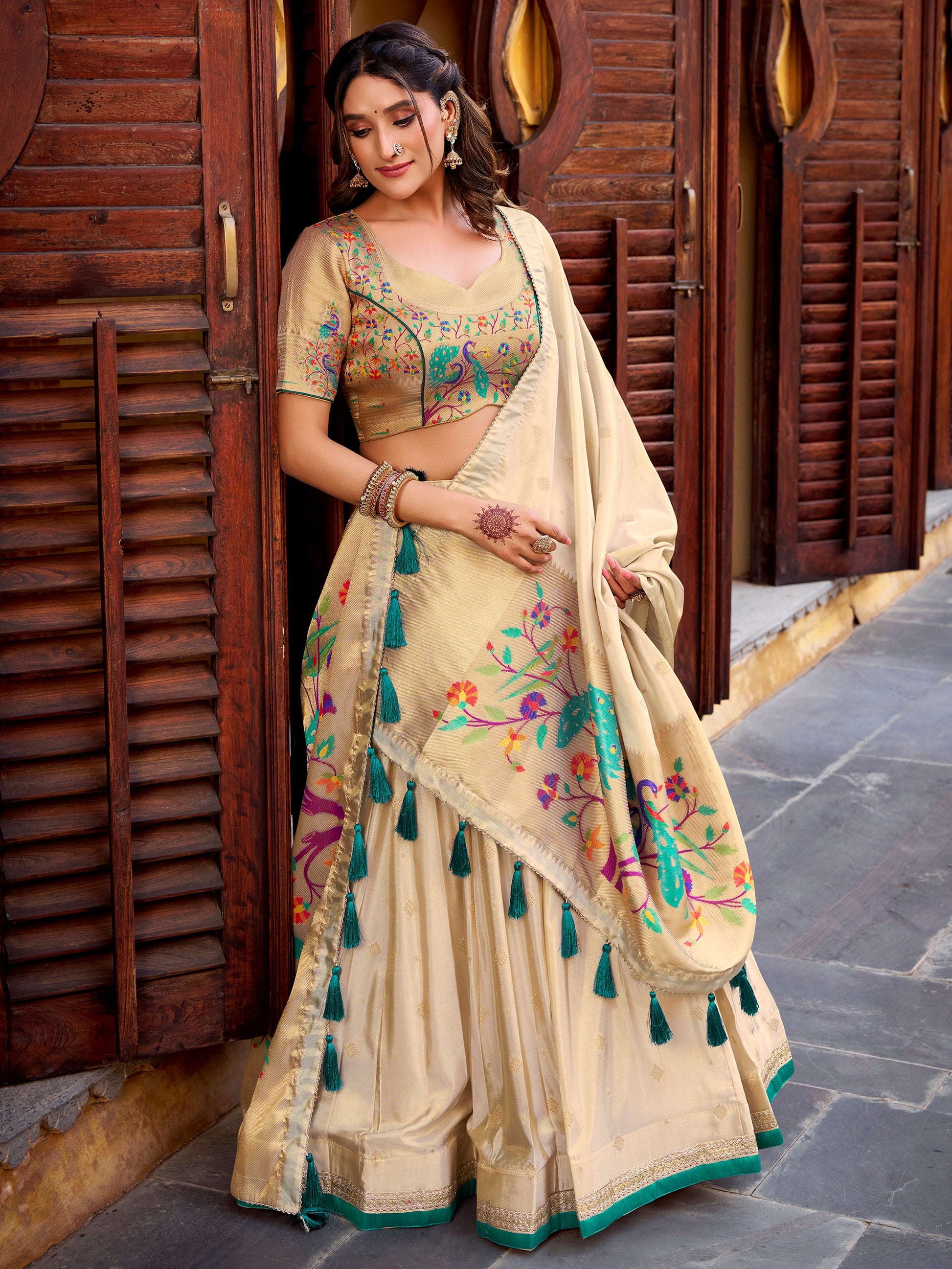 Spectacular Cream Zari Weaving Silk Traditional Lehenga Choli 