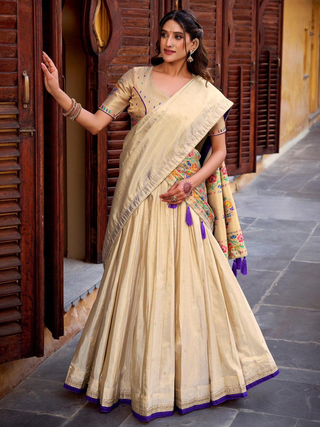 Marvelous Cream Zari Weaving Silk Festival Wear Lehenga Choli