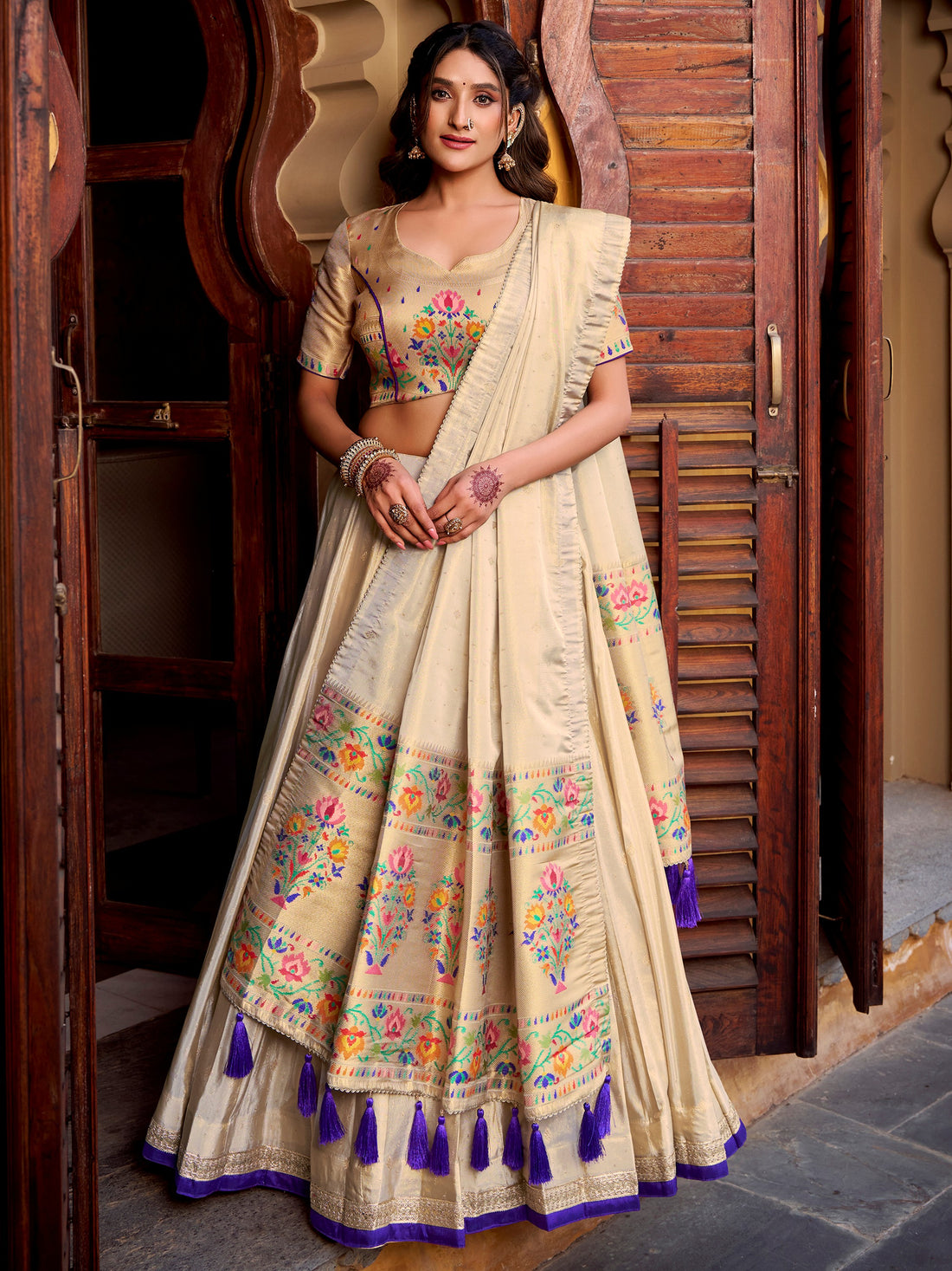 Marvelous Cream Zari Weaving Silk Festival Wear Lehenga Choli