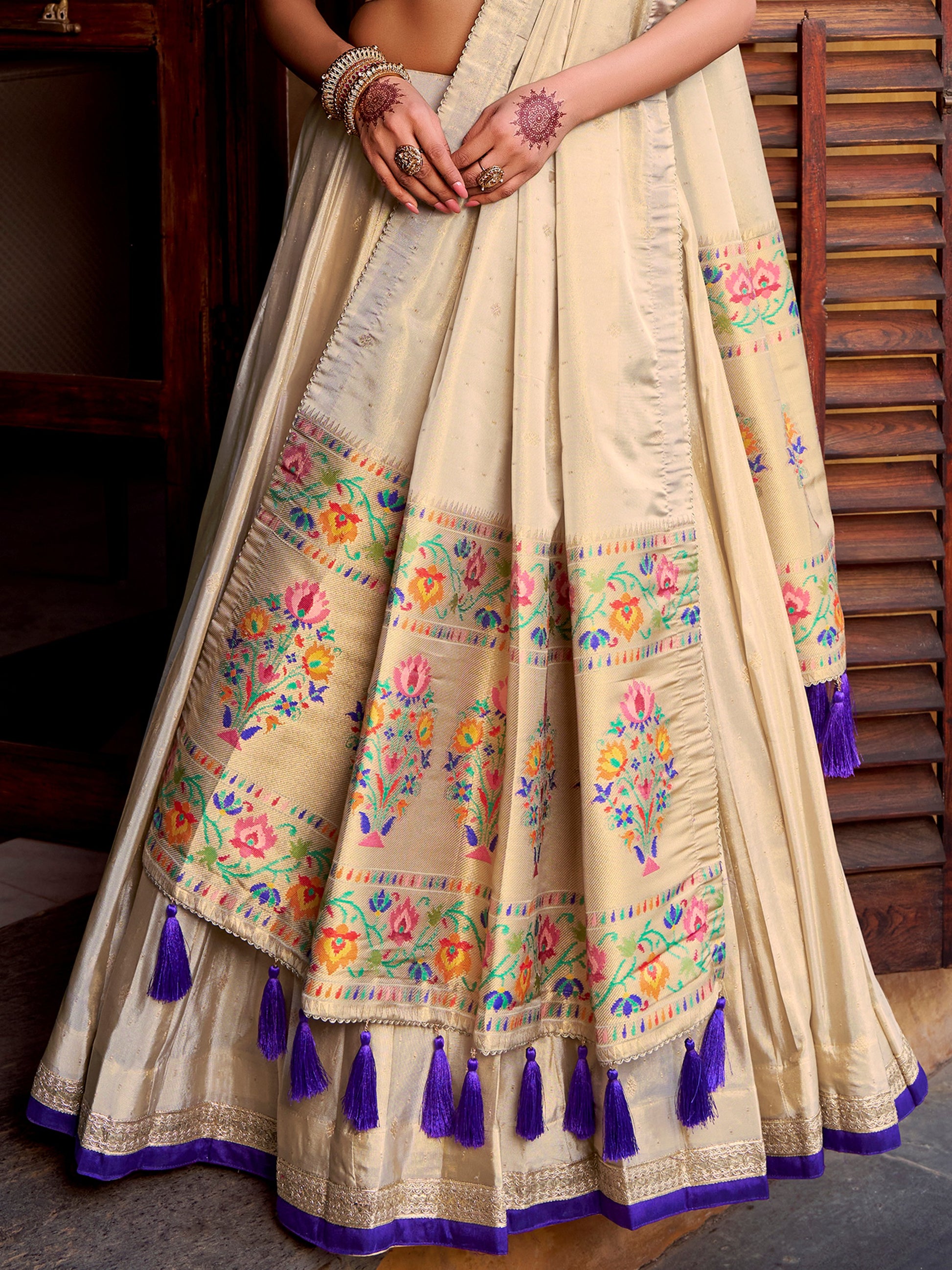 Marvelous Cream Zari Weaving Silk Festival Wear Lehenga Choli